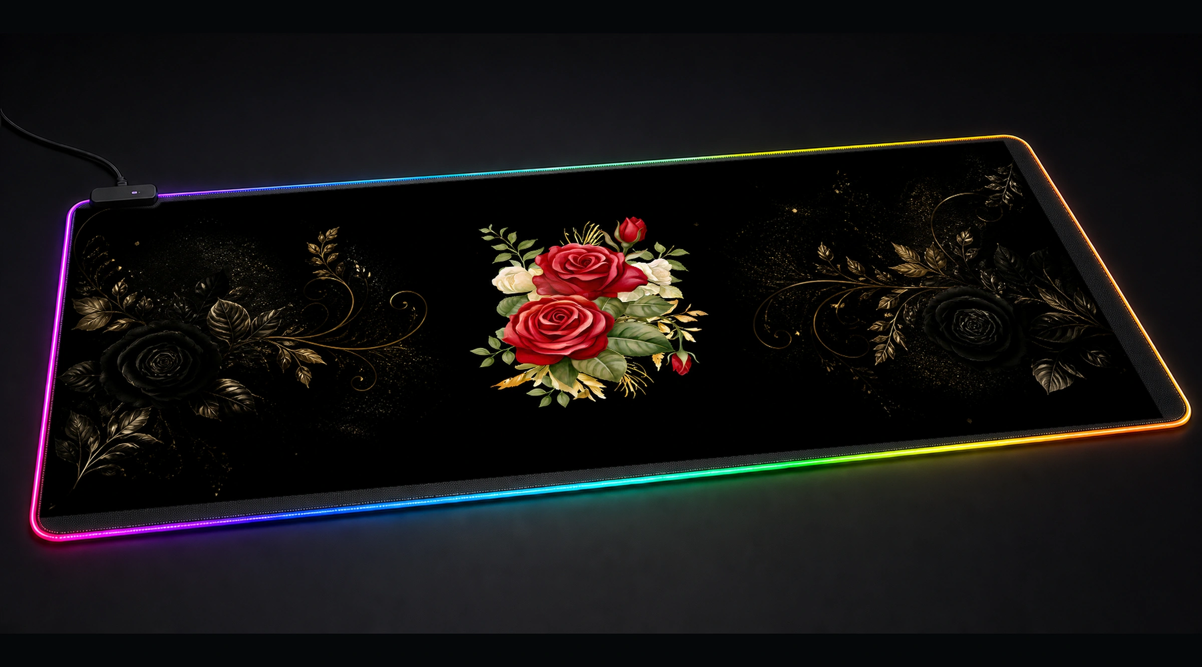 Flower Art — Golden Bloom floral botanical art panoramic RGB gaming desk mat product view