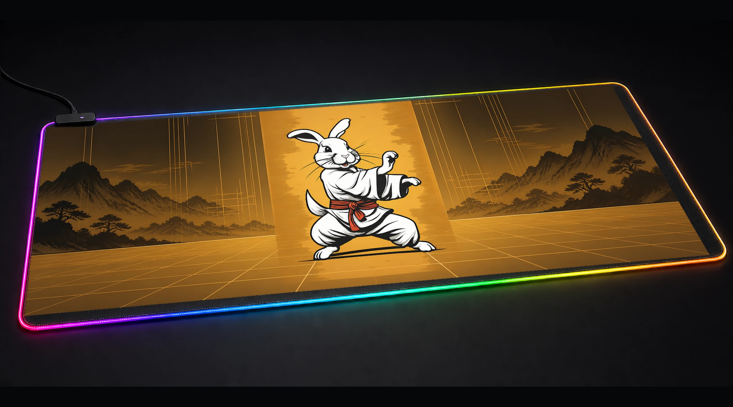Rabbit — Golden Vector Grid minimal monochrome panoramic RGB gaming desk mat product view