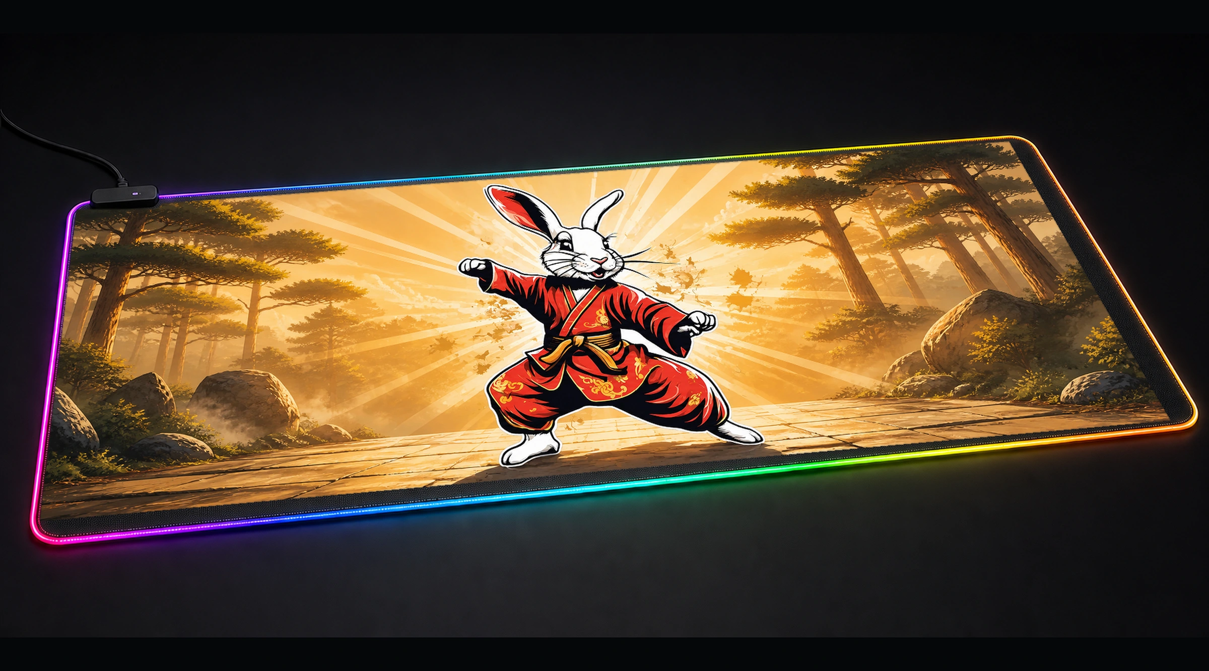 Rabbit — Golden Forest Light nature animal art panoramic RGB gaming desk mat product view