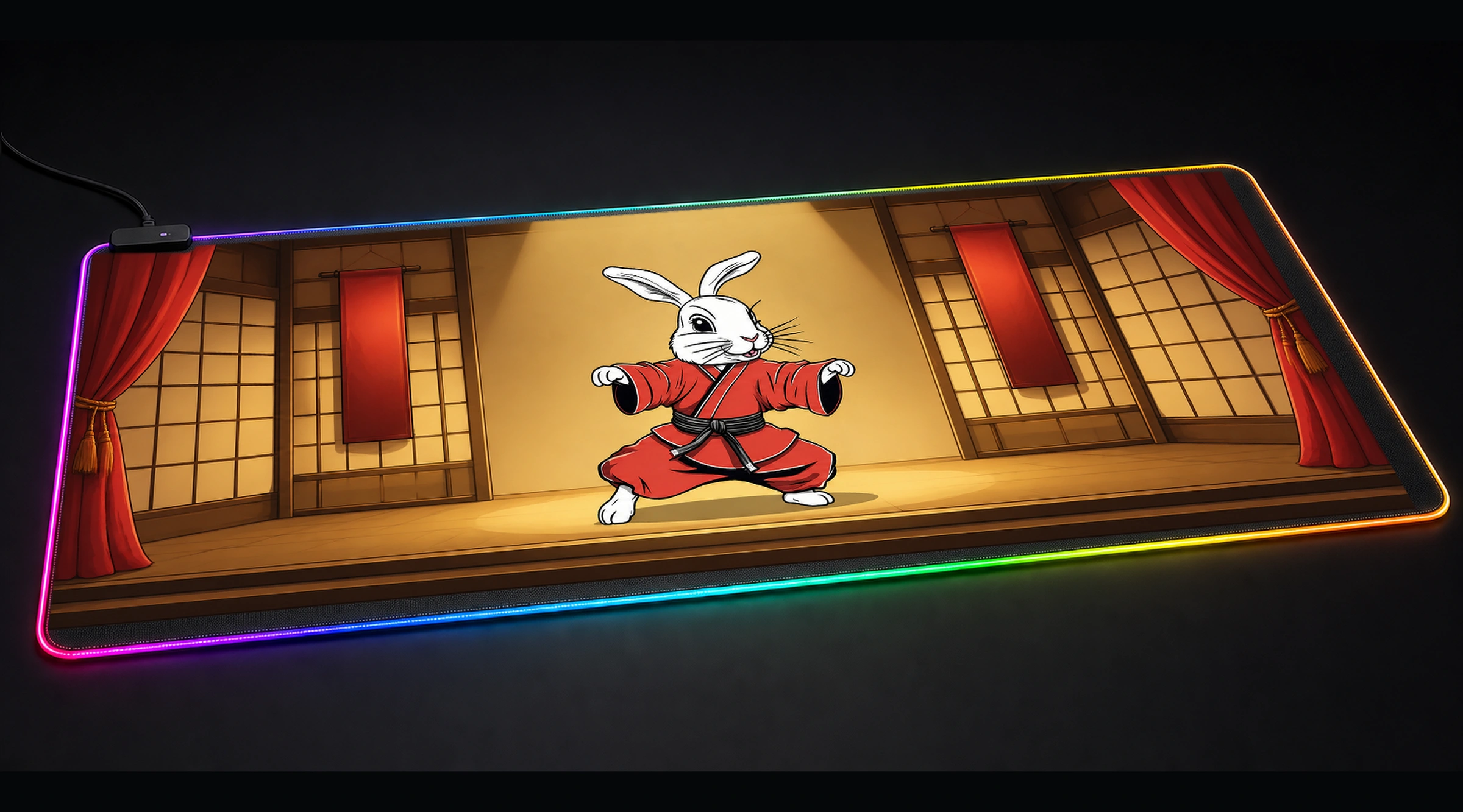 Rabbit — Golden Encore comic cartoon art panoramic RGB gaming desk mat product view