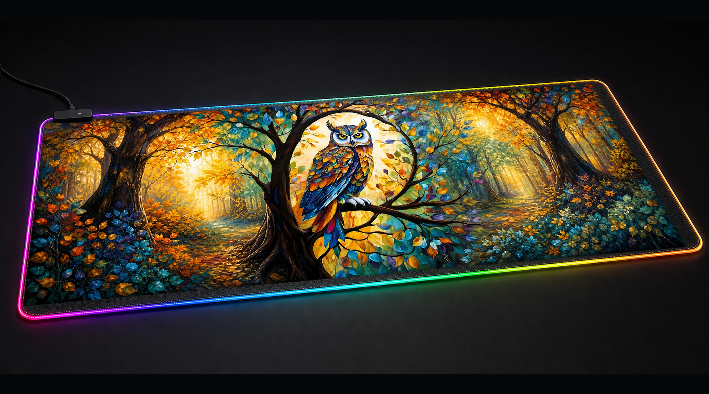 Owl — Golden Wild Haven bird art panoramic RGB gaming desk mat product view