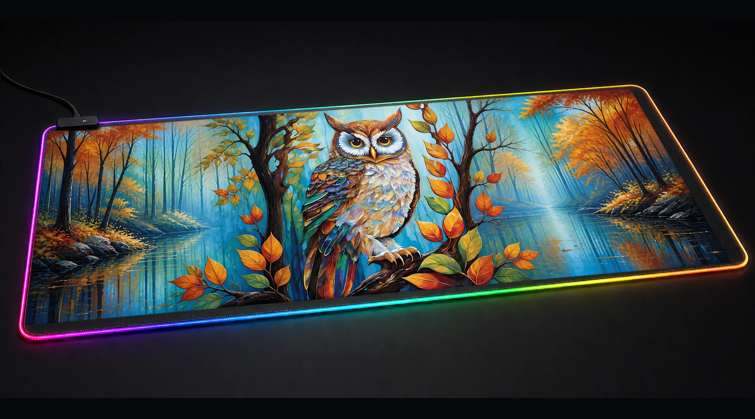Owl — Monochrome Quiet Water Edition 2 bird art panoramic RGB gaming desk mat product view