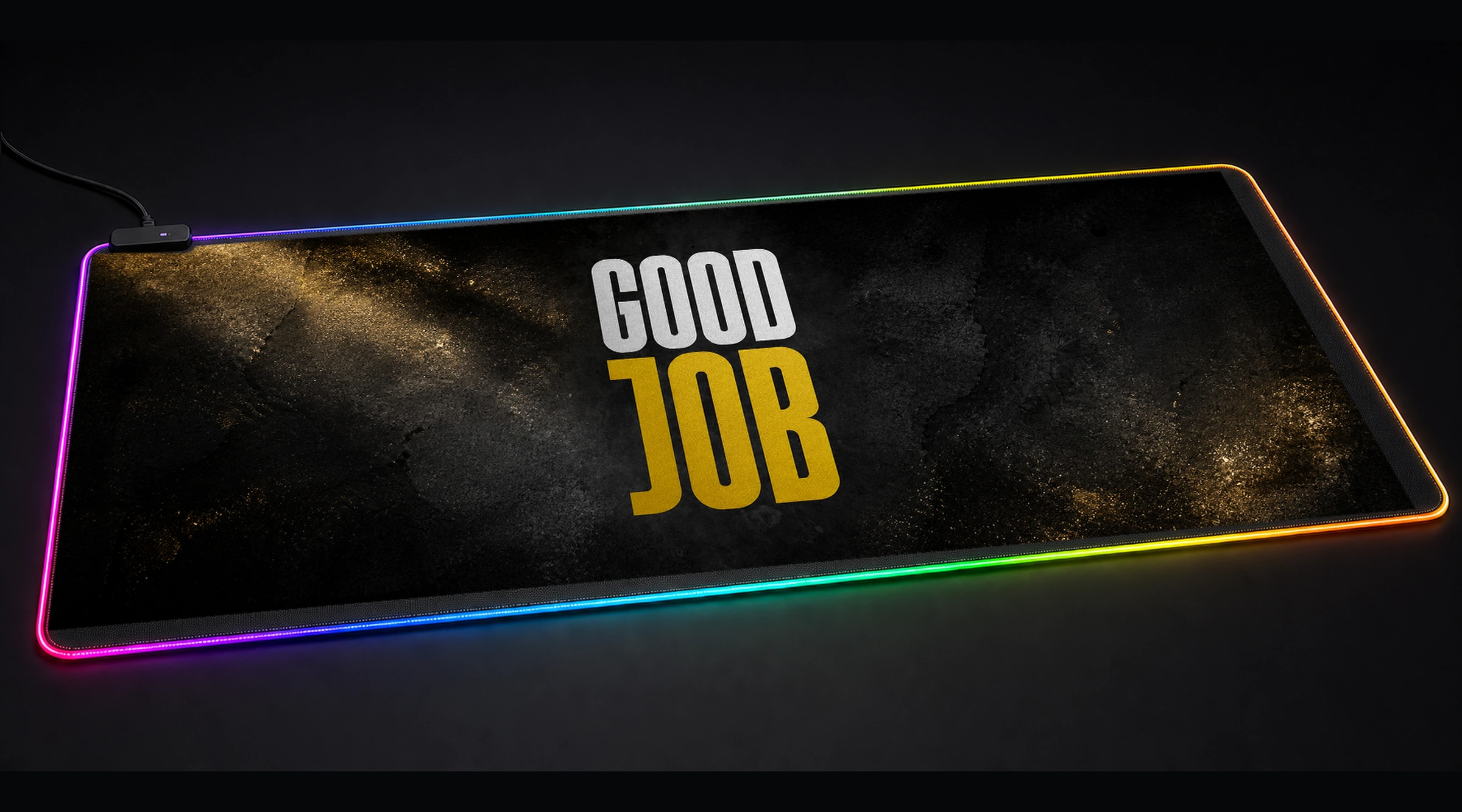 Good Job motivational quote panoramic RGB gaming desk mat product view