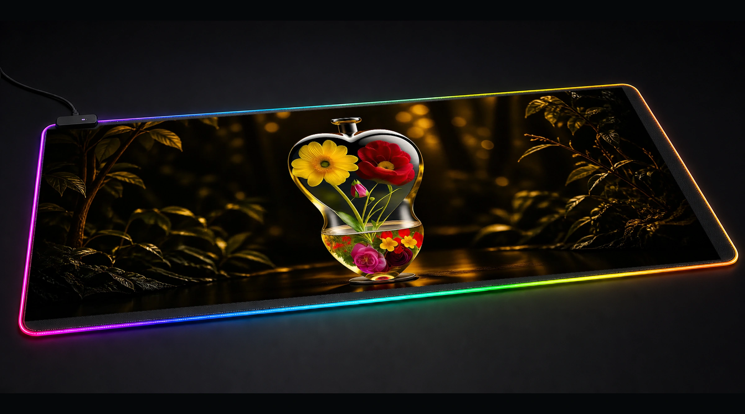 Flower Art — Golden Forest Light Edition 2 floral botanical art panoramic RGB gaming desk mat product view