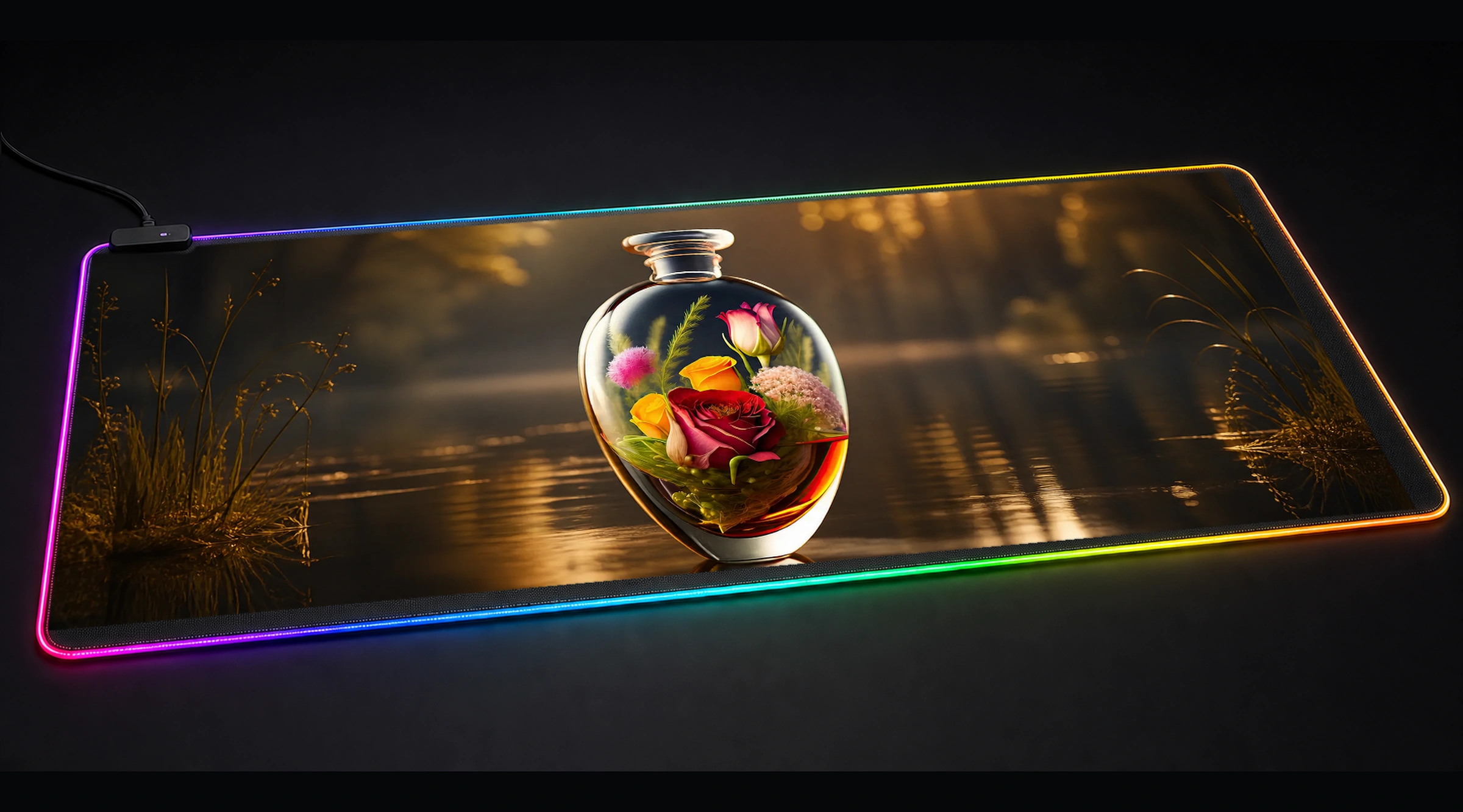 Flower Art — Golden Quiet Water floral botanical art panoramic RGB gaming desk mat product view