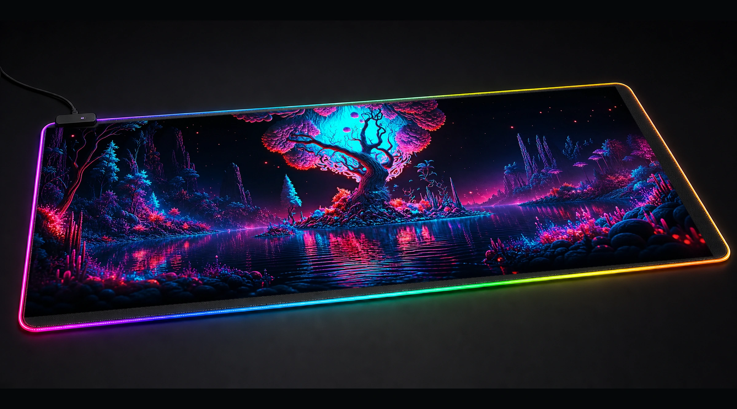 Abstract Art Tree ocean wave art panoramic RGB gaming desk mat product view