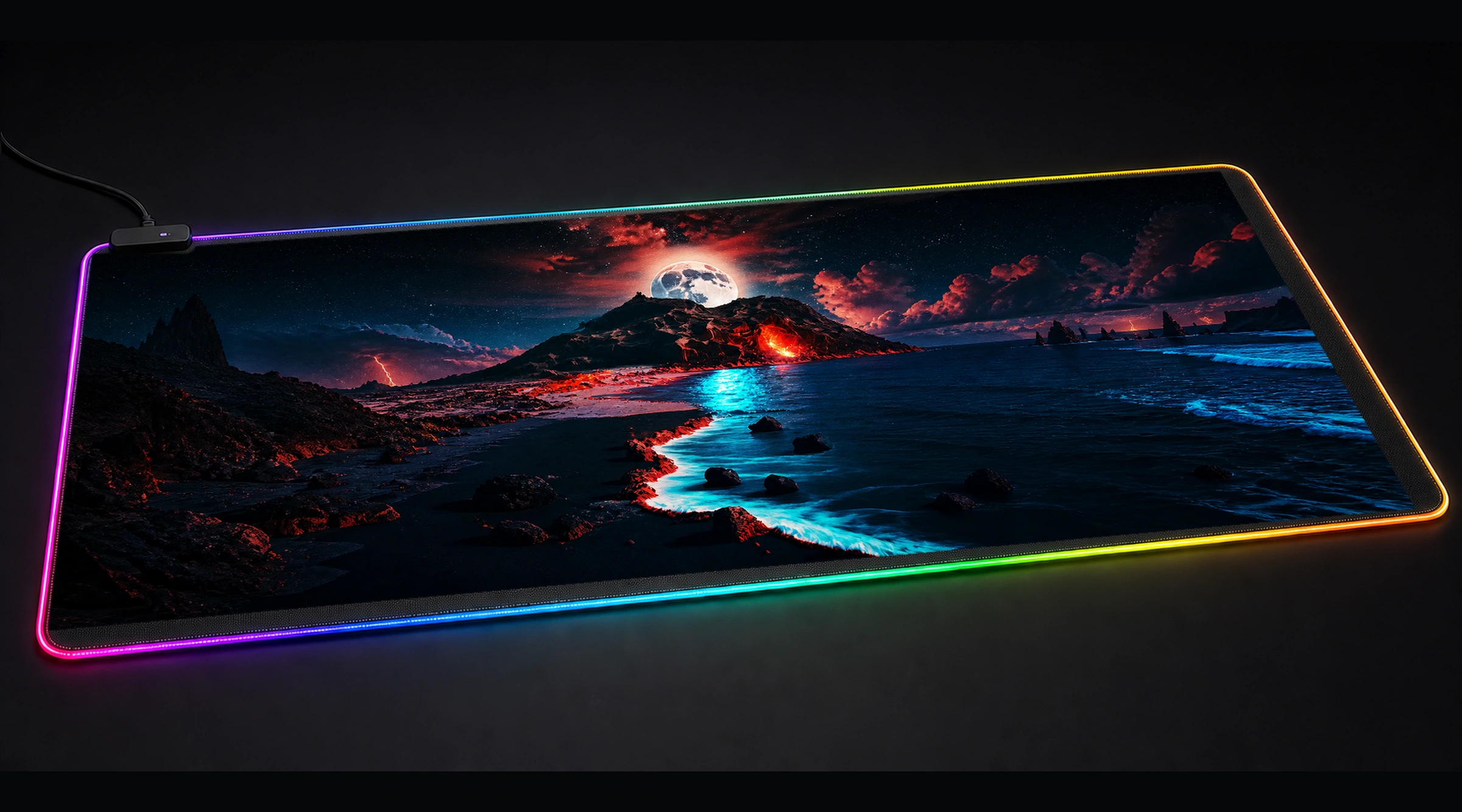 Volcano Beach at Moonlight ocean wave art panoramic RGB gaming desk mat product view