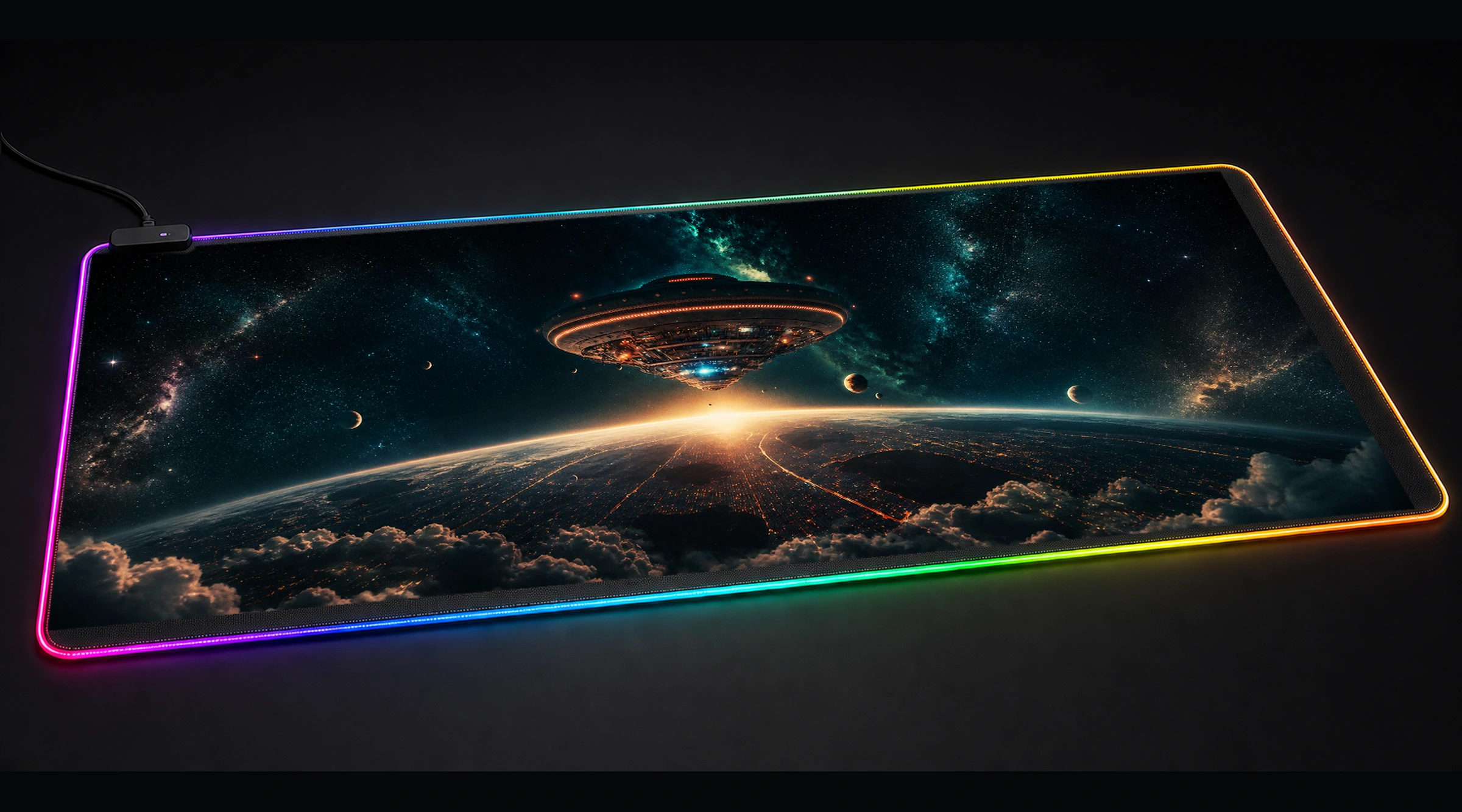 Ufo Invade Interstellar alien ufo art panoramic RGB gaming desk mat product view