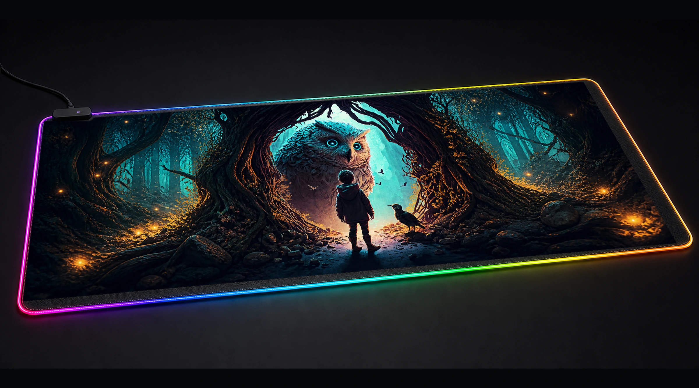 Fairy Tales bird art panoramic RGB gaming desk mat product view
