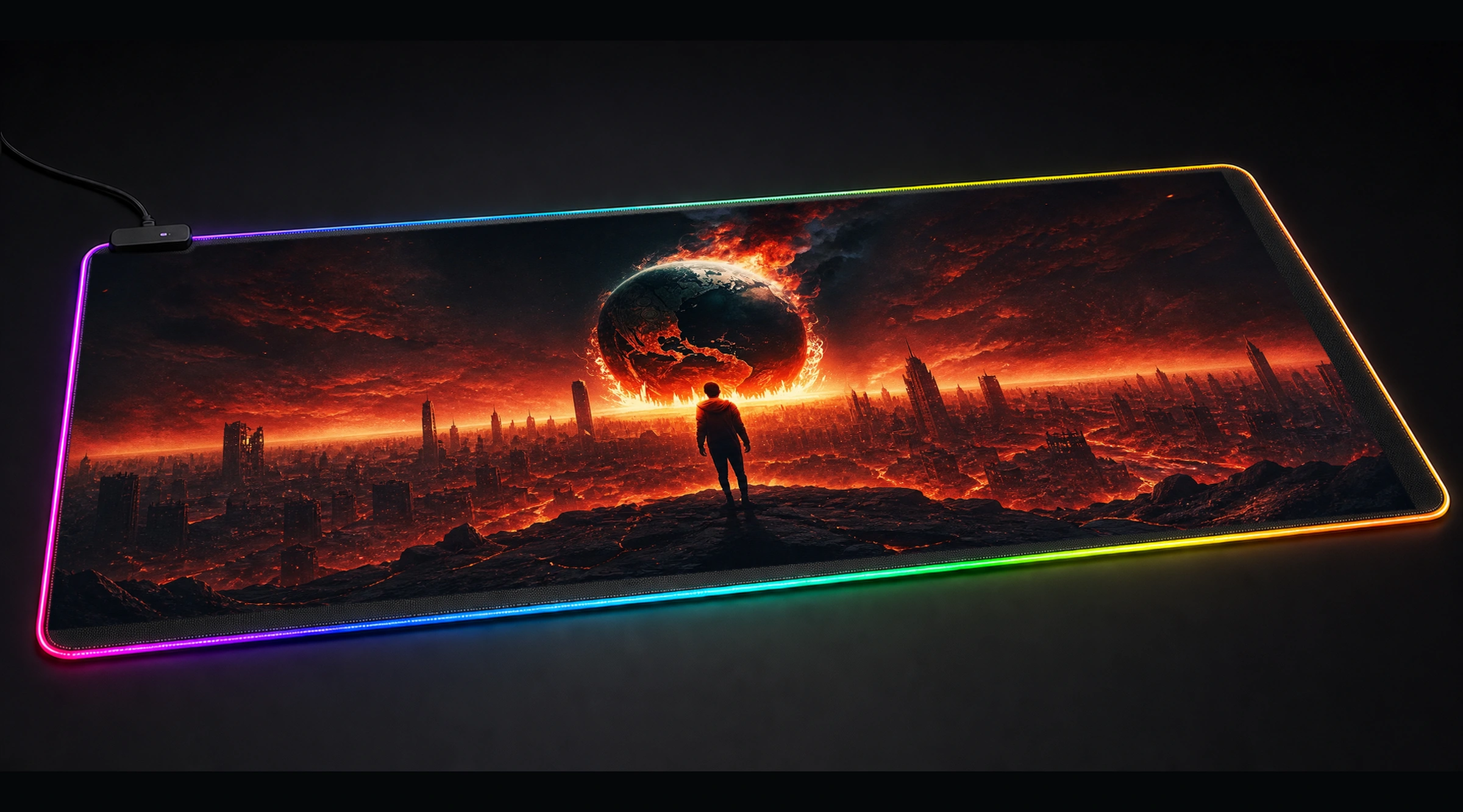 The World Is on Fire japanese anime art panoramic RGB gaming desk mat product view