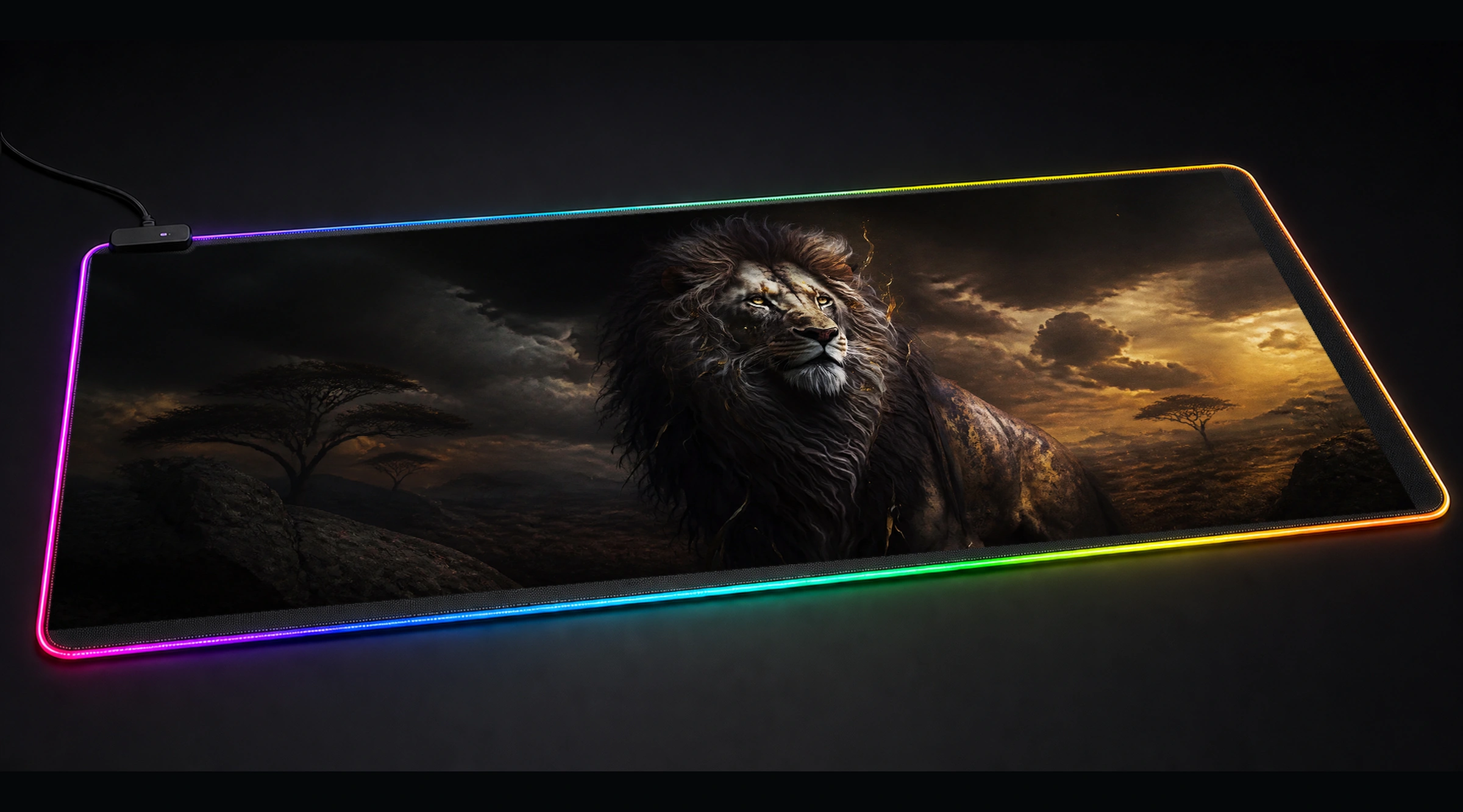 Portrait Black Lion wildlife art panoramic RGB gaming desk mat product view