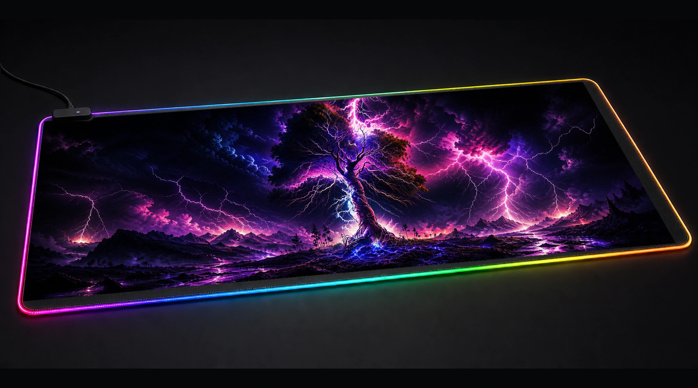 Abstract Lightning Strike abstract art panoramic RGB gaming desk mat product view