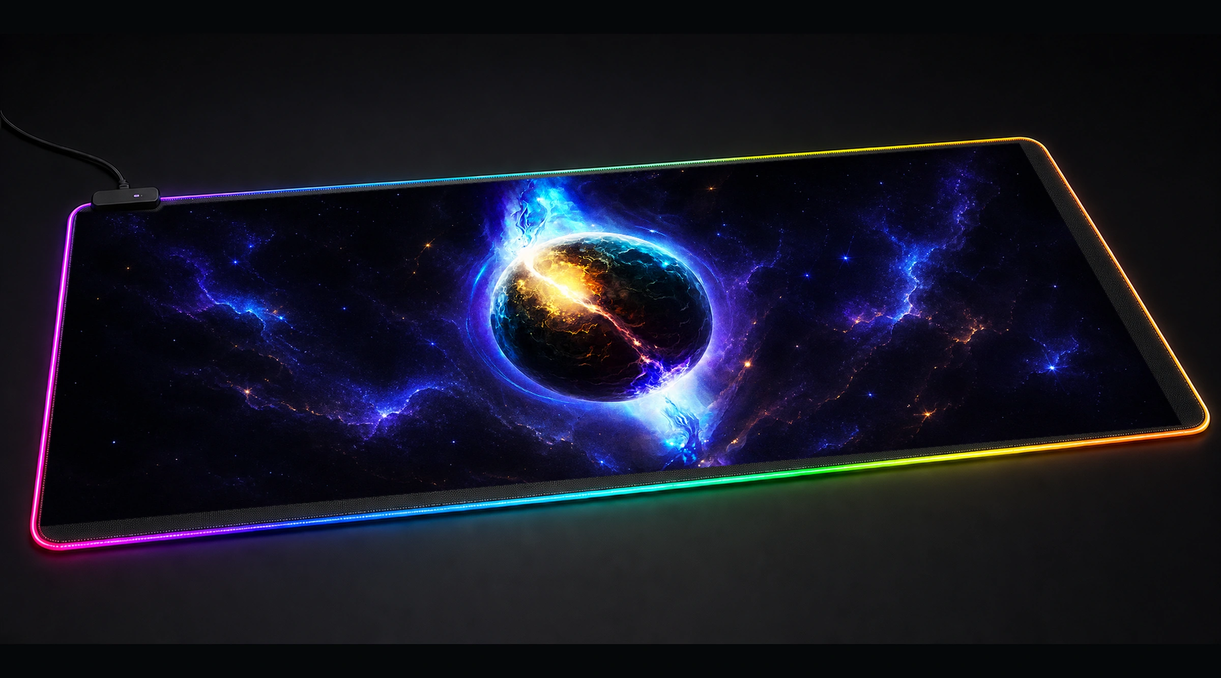 Fantasy Planet celestial moon art panoramic RGB gaming desk mat product view