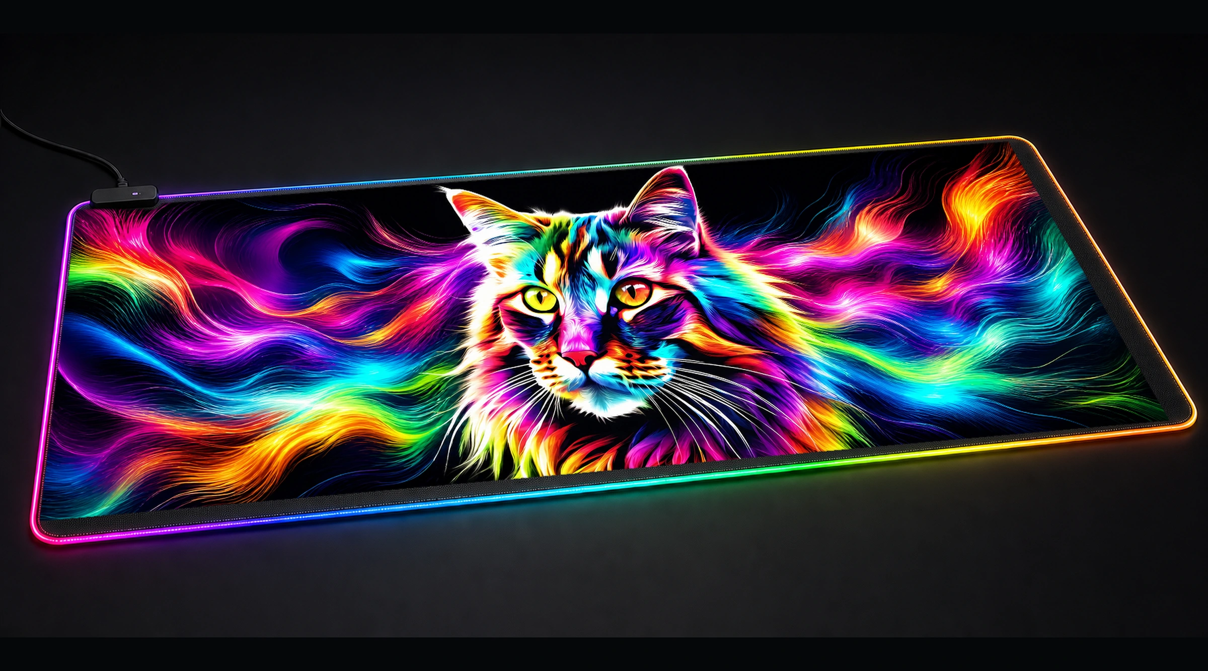 Cat — Magenta Forest Light pet portrait art panoramic RGB gaming desk mat product view