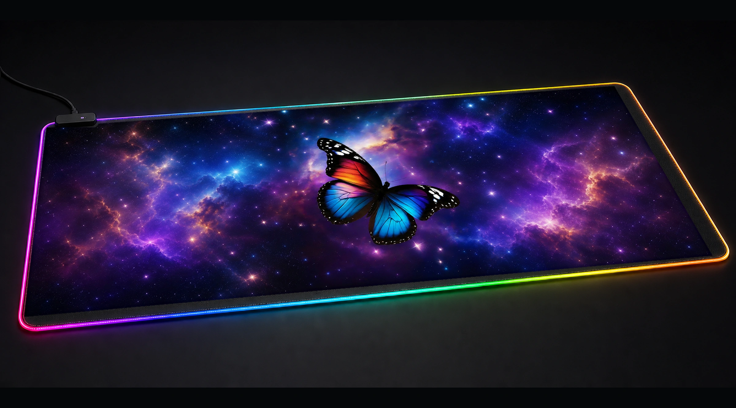 Space Butterfly — Violet Orbit galaxy space art panoramic RGB gaming desk mat product view