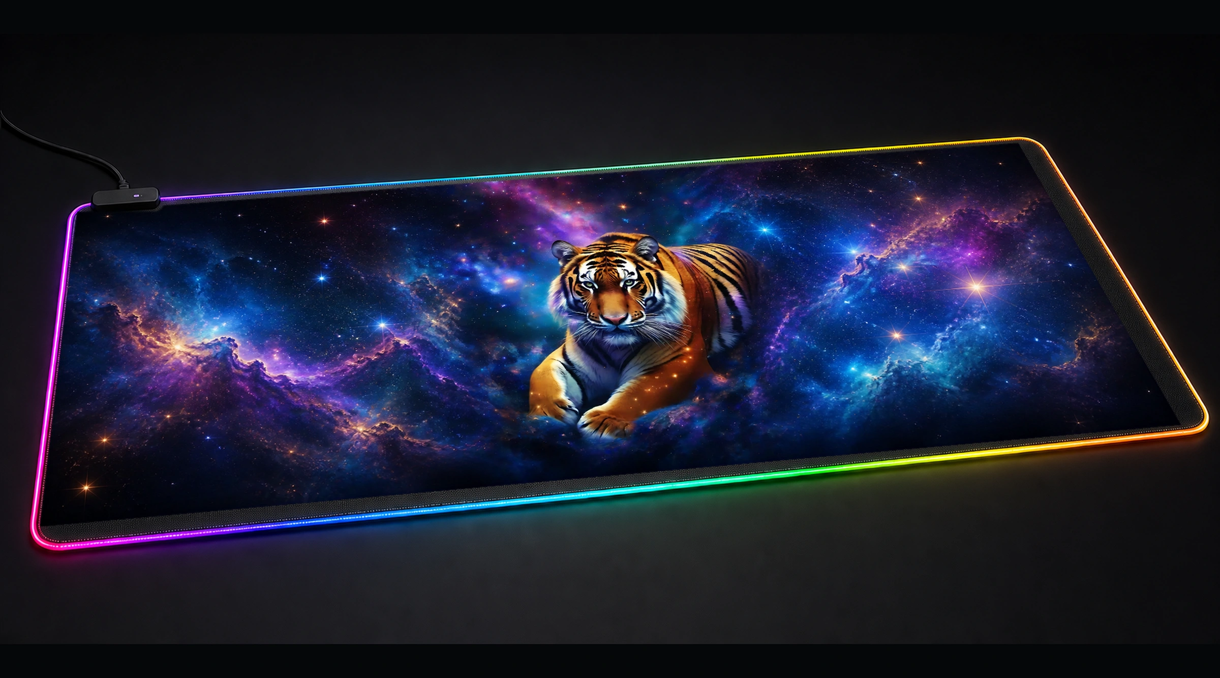 Space Tiger celestial moon art panoramic RGB gaming desk mat product view