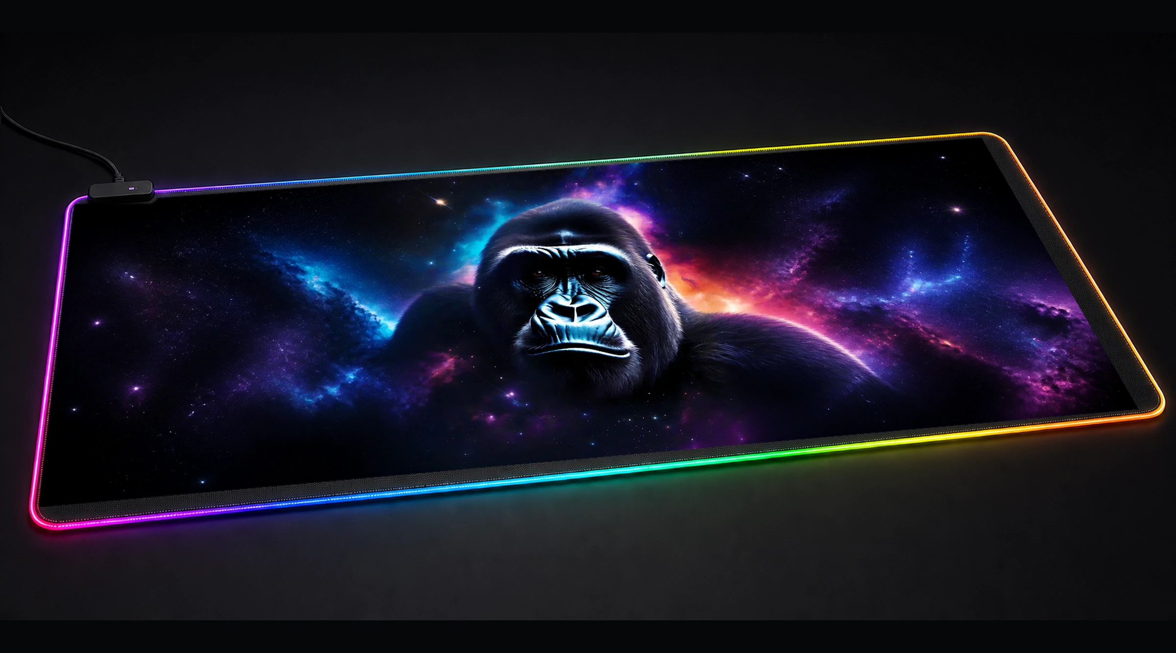 Space Gorilla — Violet Nebula galaxy space art panoramic RGB gaming desk mat product view