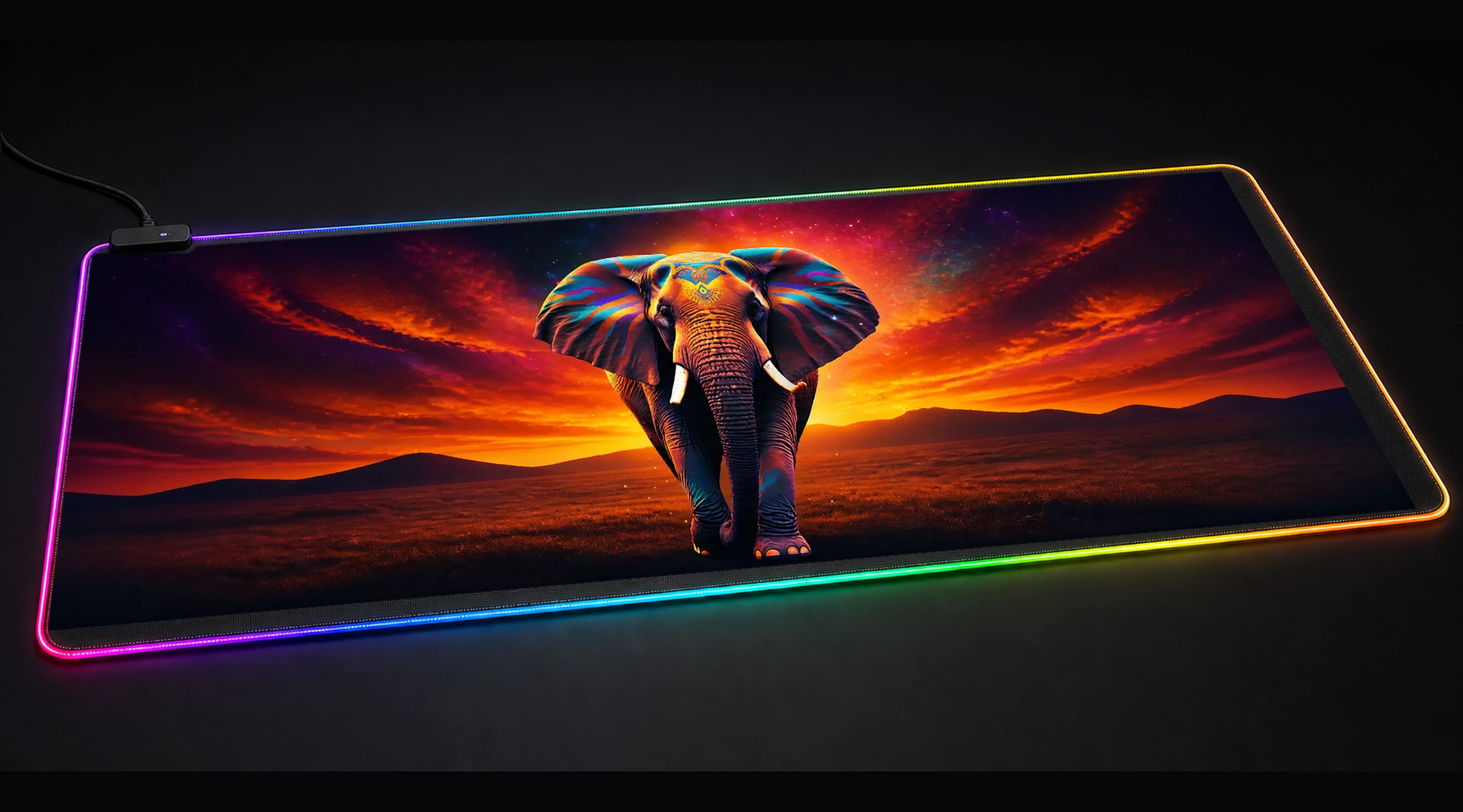 Elephant — Crimson Bloom wildlife art panoramic RGB gaming desk mat product view