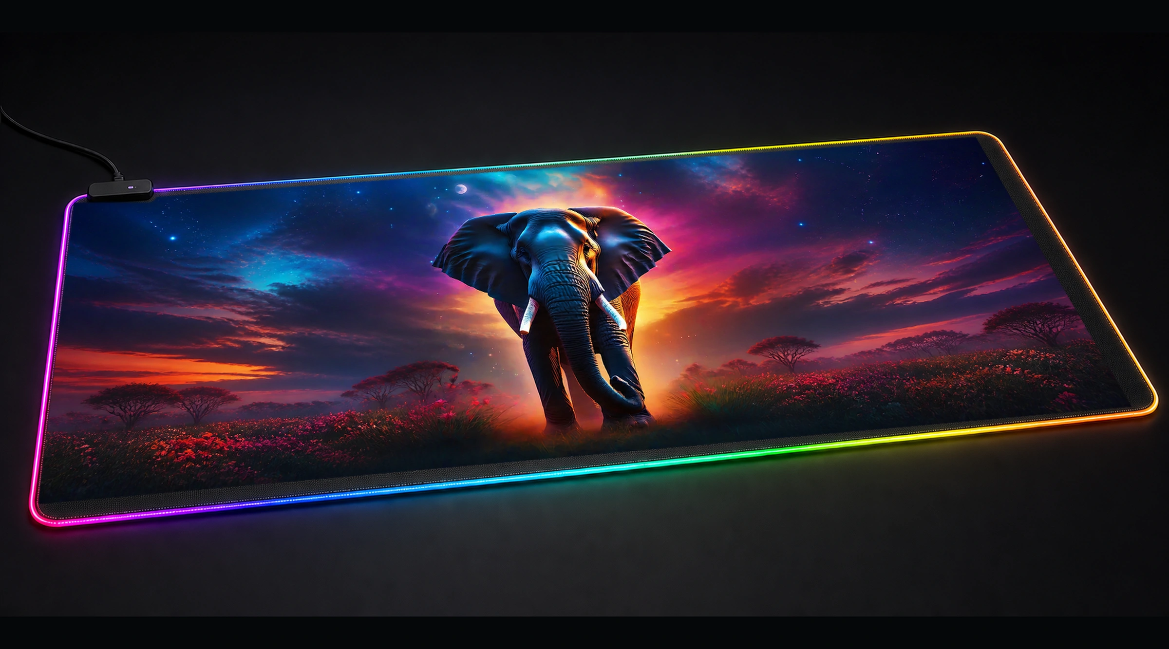 Elephant — Magenta Bloom wildlife art panoramic RGB gaming desk mat product view