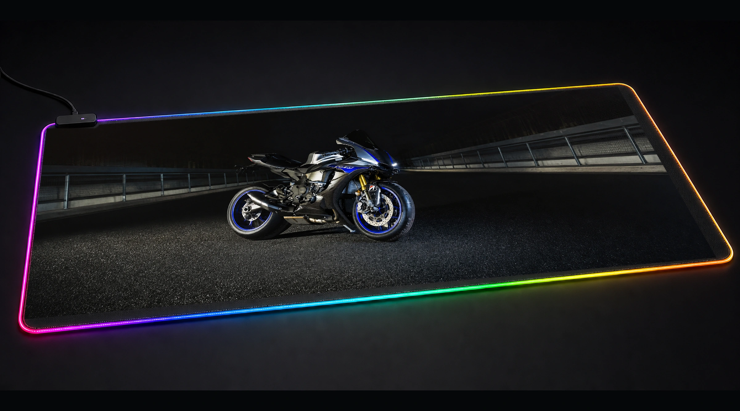 Yamaha R1 — Monochrome Night Run formula racing panoramic RGB gaming desk mat product view