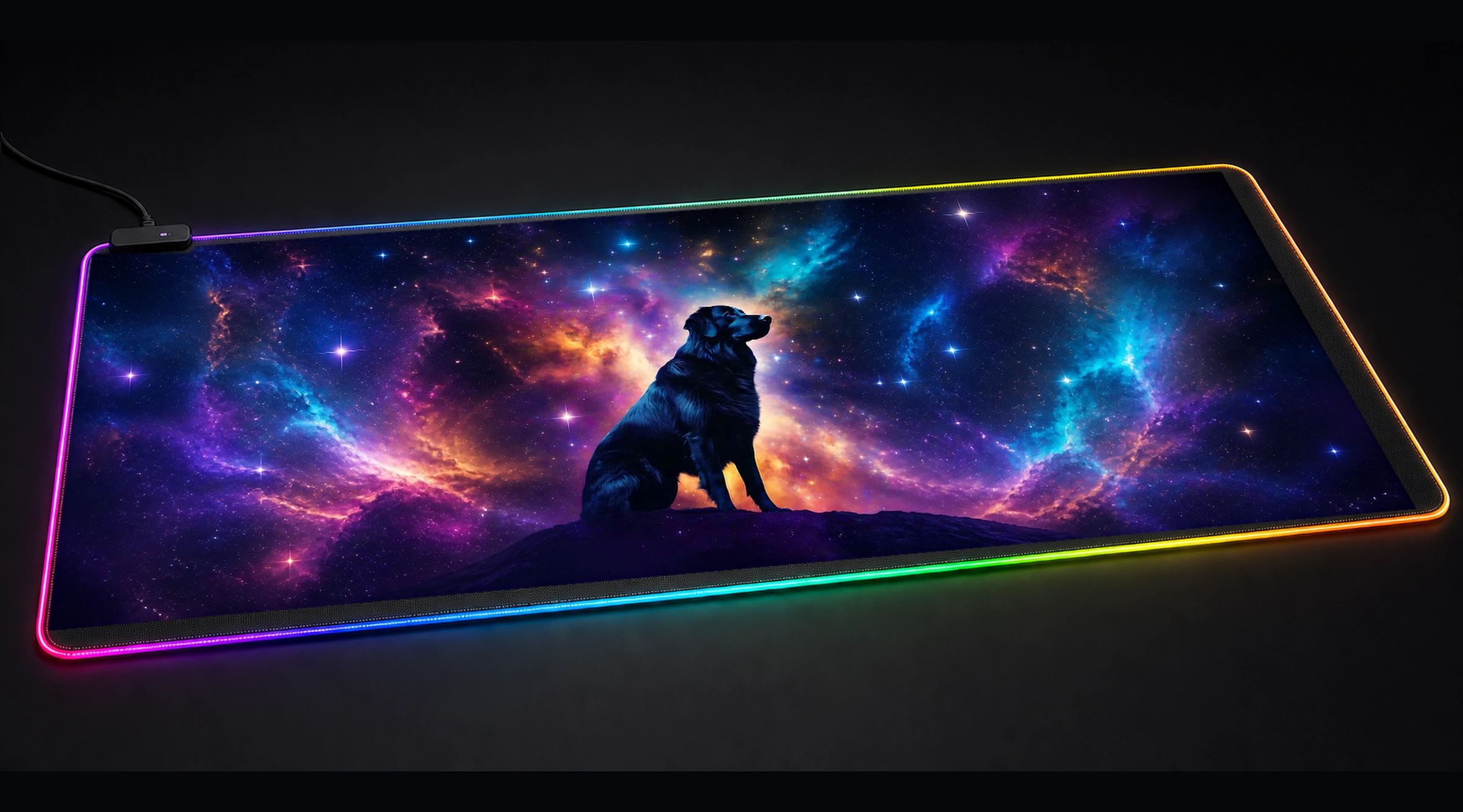 Space Dog — Violet Wild Haven pet portrait art panoramic RGB gaming desk mat product view