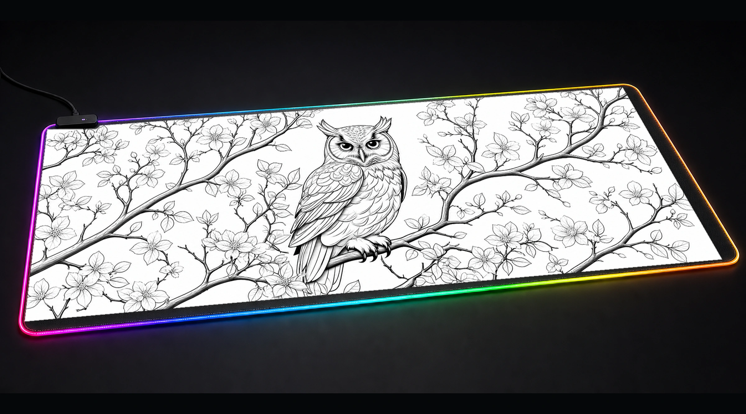 Owl — Monochrome Forest Light bird art panoramic RGB gaming desk mat product view