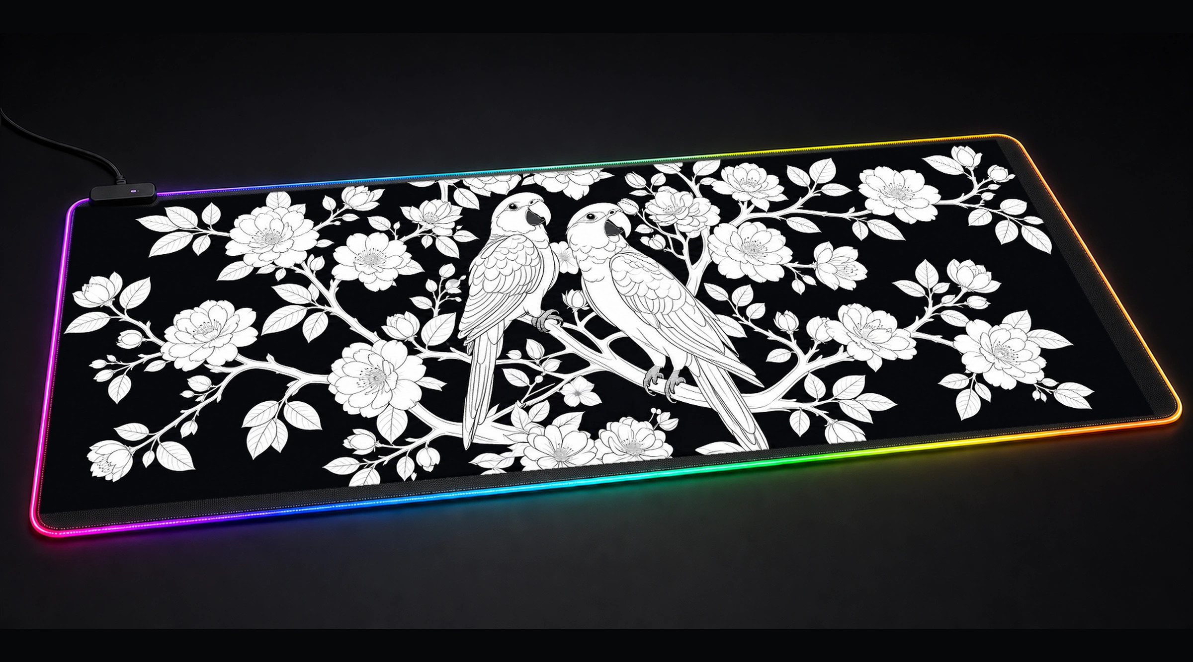Parrots — Monochrome Bloom floral botanical art panoramic RGB gaming desk mat product view