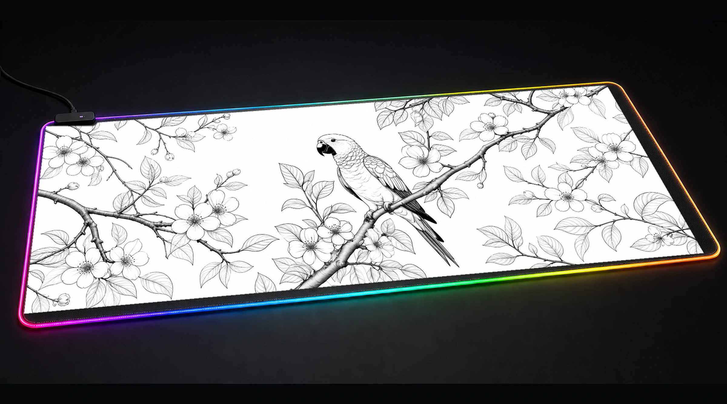 Parrots — Monochrome Wild Haven bird art panoramic RGB gaming desk mat product view