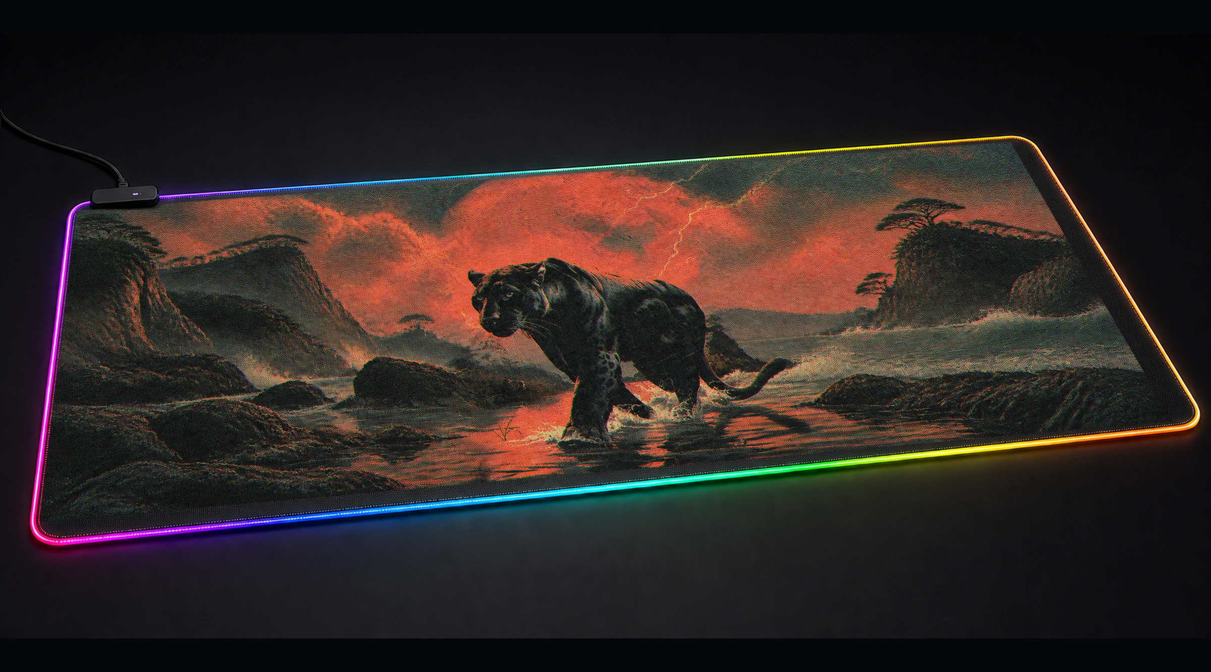 Leopard Mystic ocean wave art panoramic RGB gaming desk mat product view