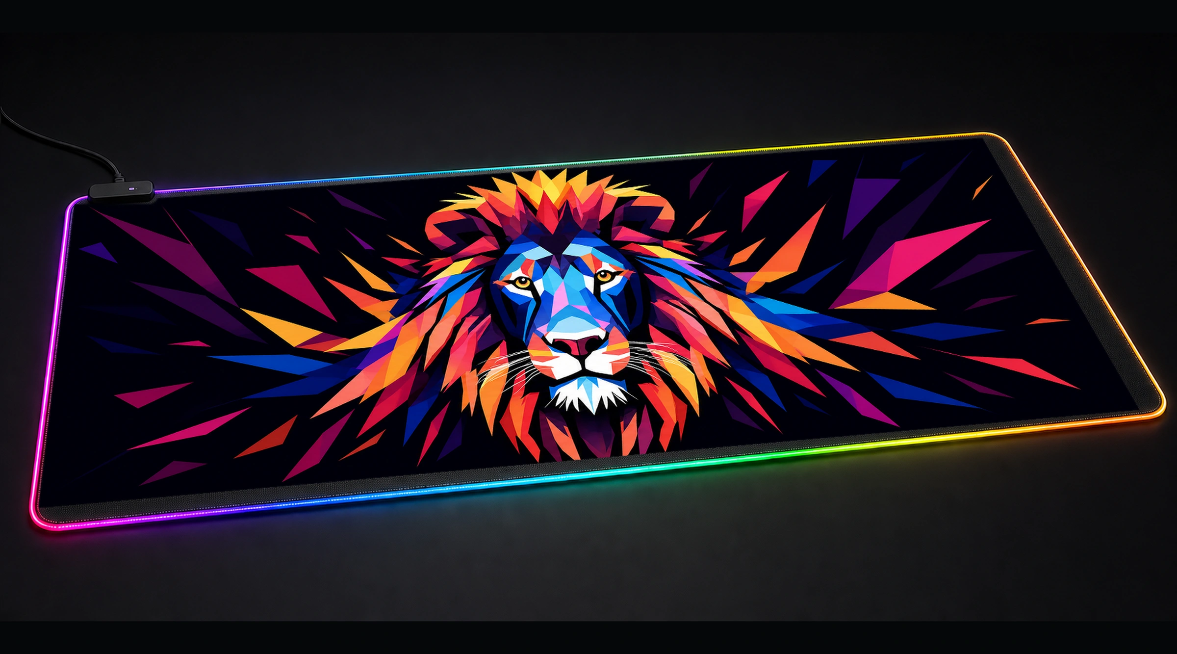 Lion — Magenta Bloom wildlife art panoramic RGB gaming desk mat product view