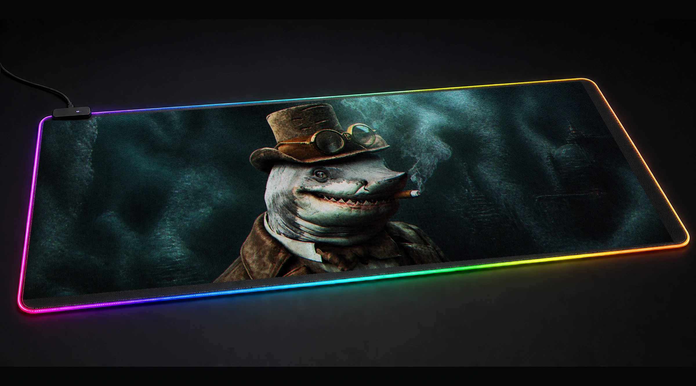 Shark smoke marine life art panoramic RGB gaming desk mat product view