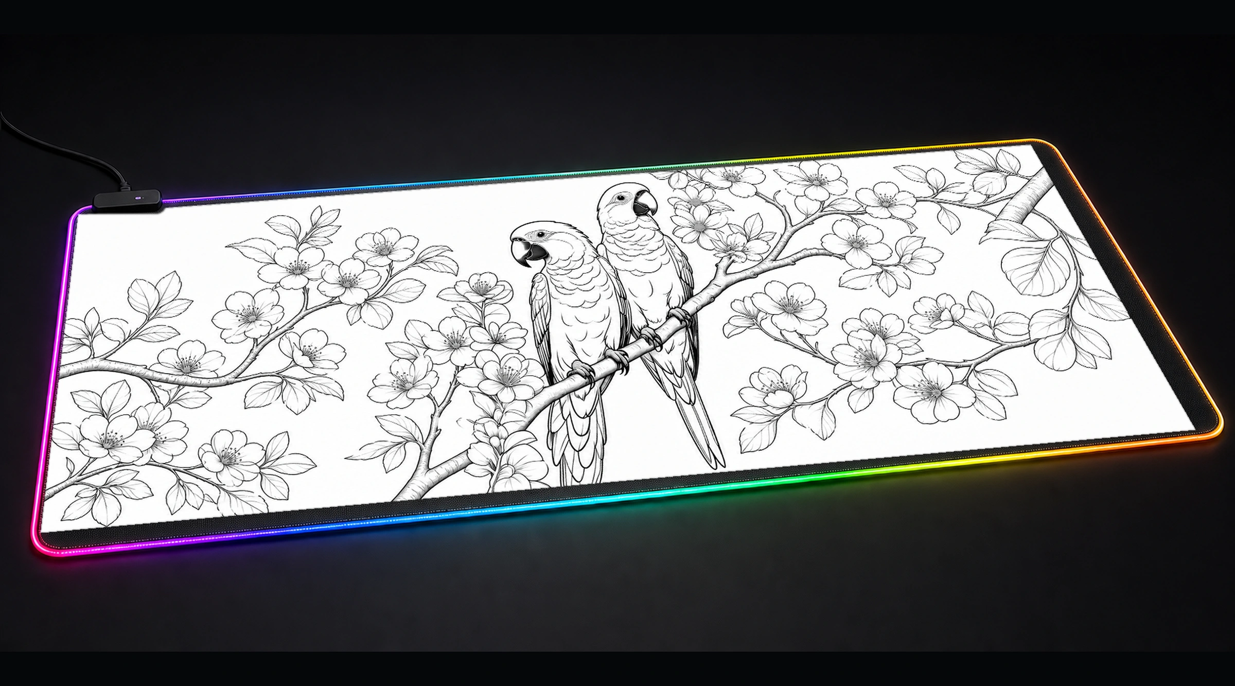 Parrots — Monochrome Forest Light floral botanical art panoramic RGB gaming desk mat product view