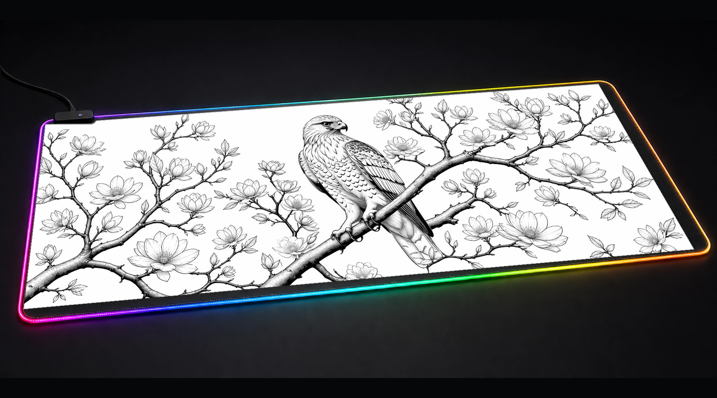 Hawk — Monochrome Quiet Water bird art panoramic RGB gaming desk mat product view