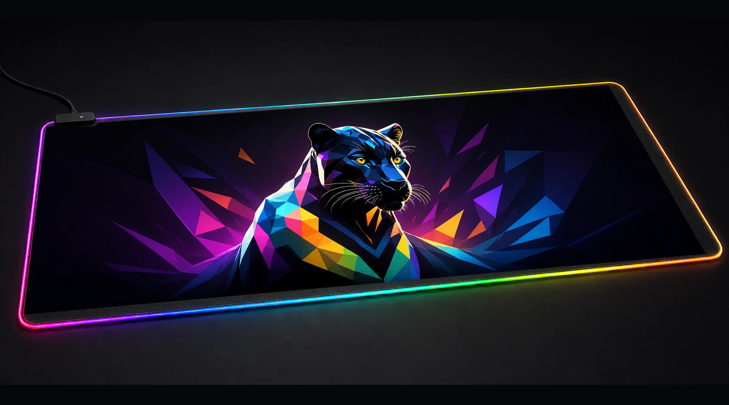 Black Panther — Violet Vector Grid geometric line art panoramic RGB gaming desk mat product view
