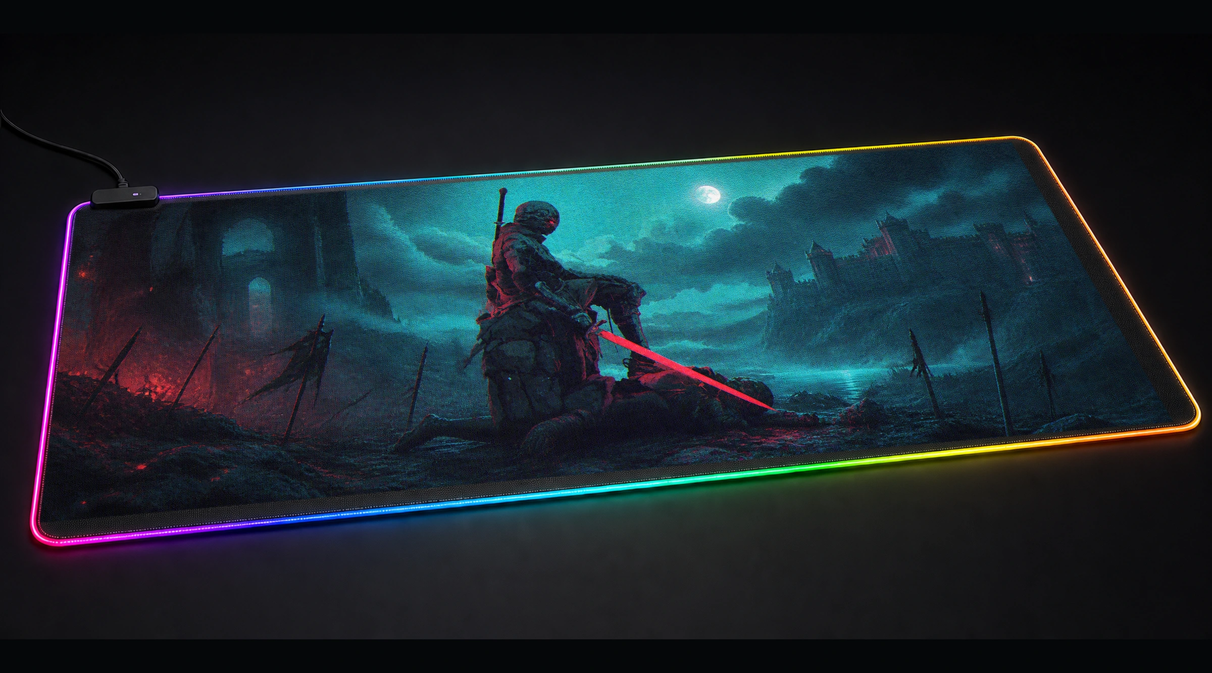 Sword Warrior medieval warrior panoramic RGB gaming desk mat product view