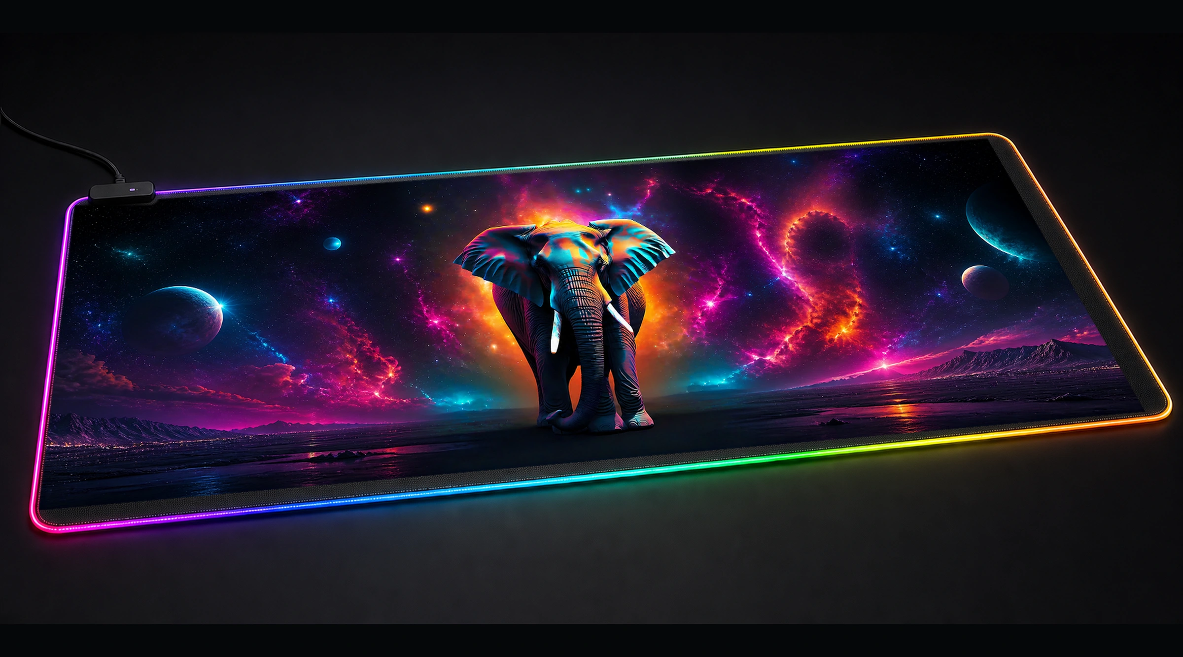 Elephant — Magenta Gateway galaxy space art panoramic RGB gaming desk mat product view