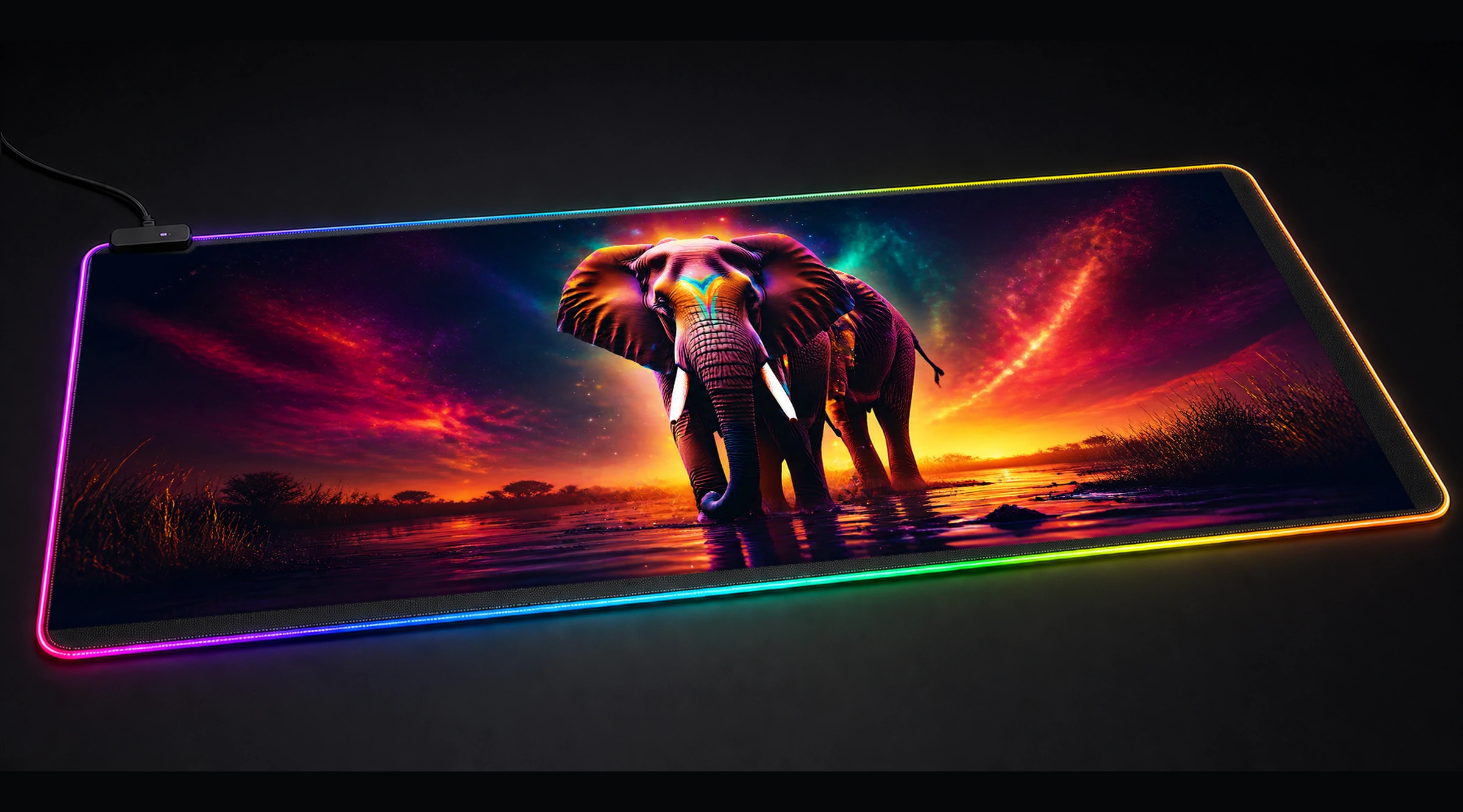 Elephant — Crimson Quiet Water wildlife art panoramic RGB gaming desk mat product view