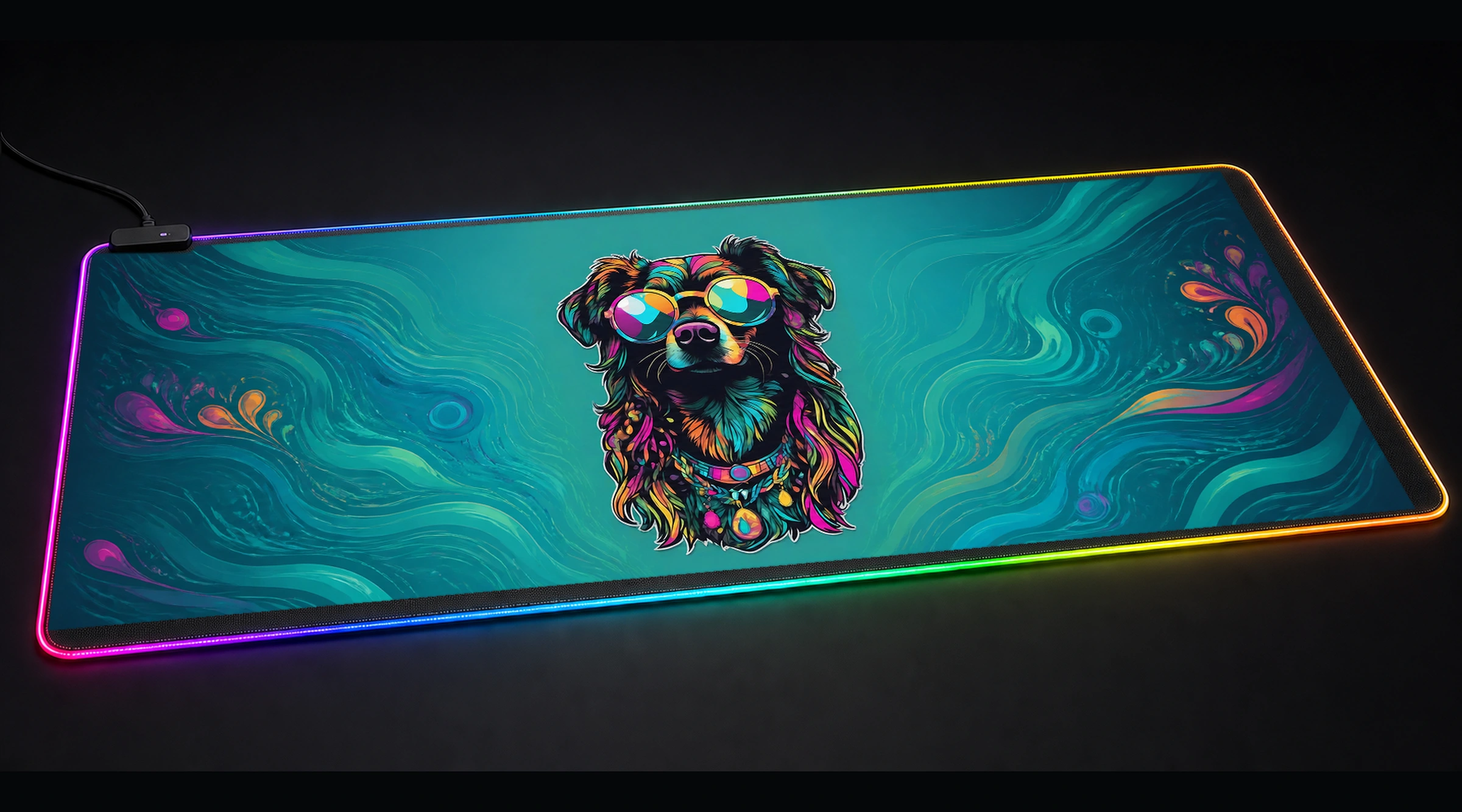 Dog — Azure Quiet Water pet portrait art panoramic RGB gaming desk mat product view