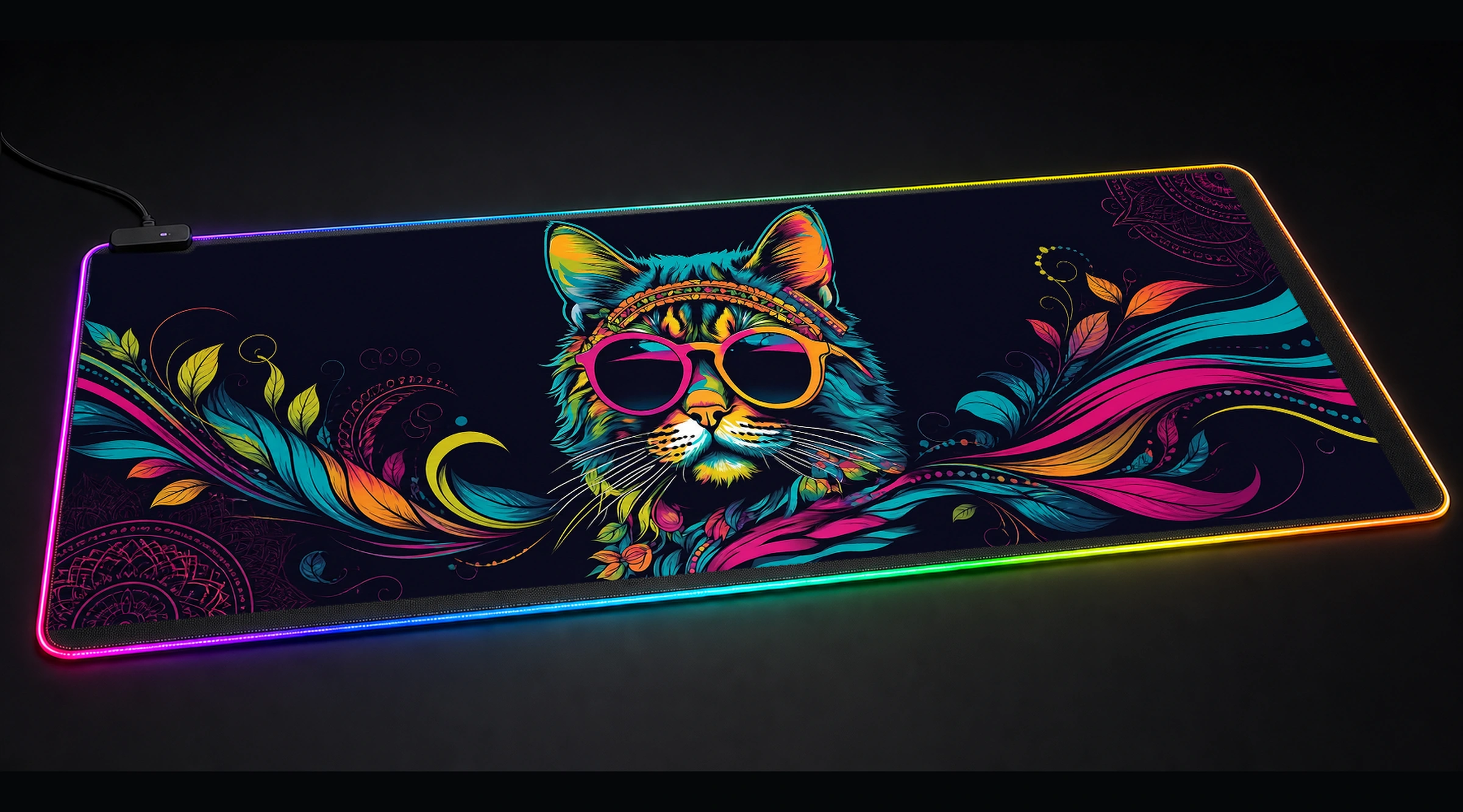 Cat — Monochrome Wild Haven pet portrait art panoramic RGB gaming desk mat product view