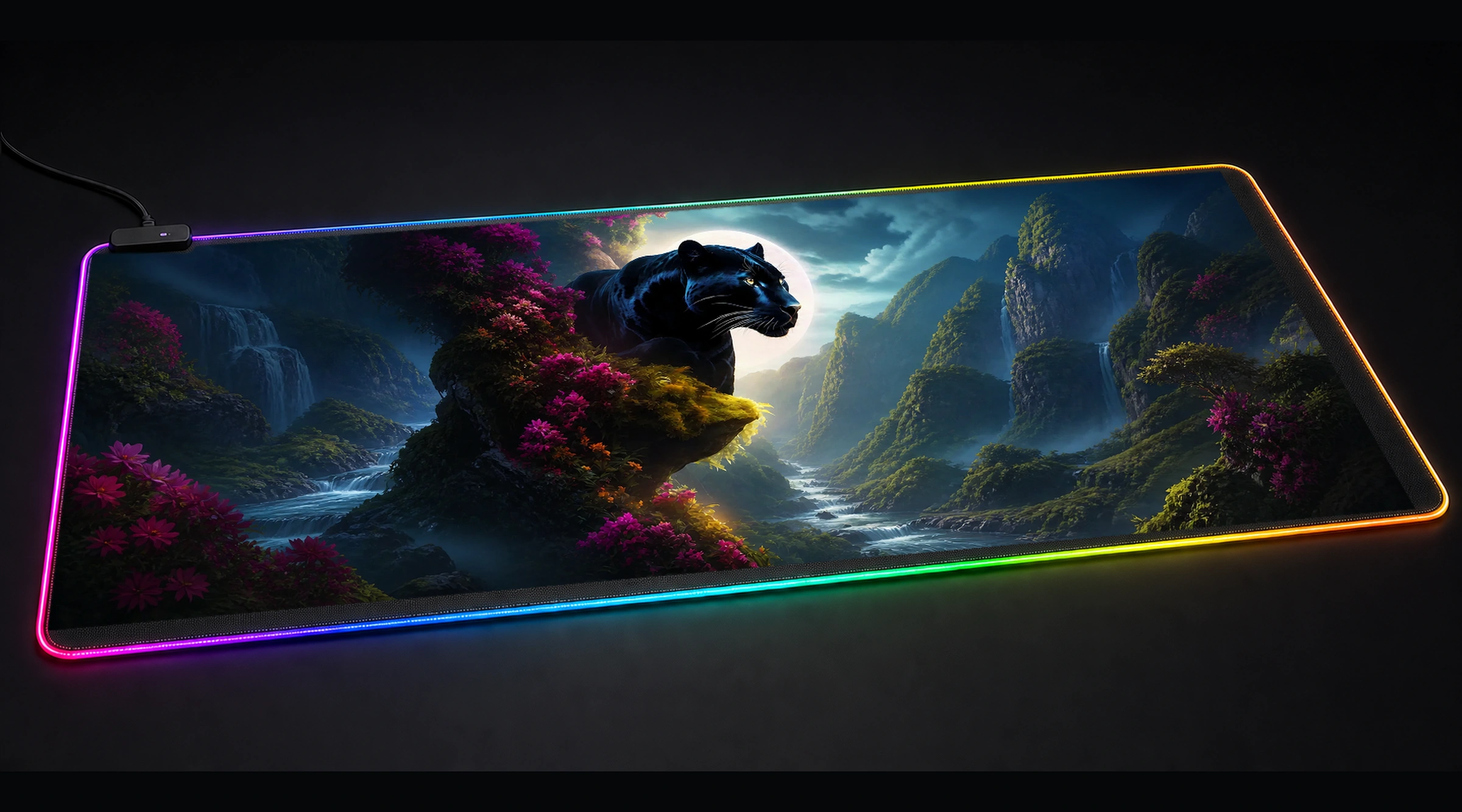Black Panther — Monochrome Quiet Water floral botanical art panoramic RGB gaming desk mat product view