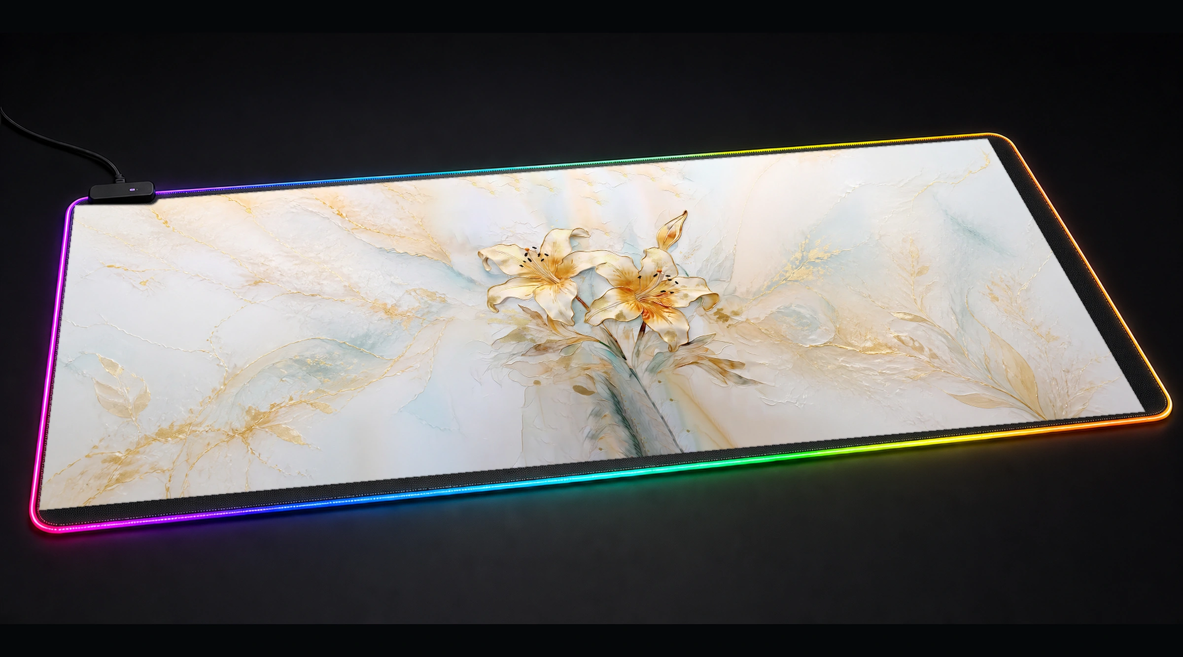 Flower Art — Golden Bloom Edition 2 floral botanical art panoramic RGB gaming desk mat product view
