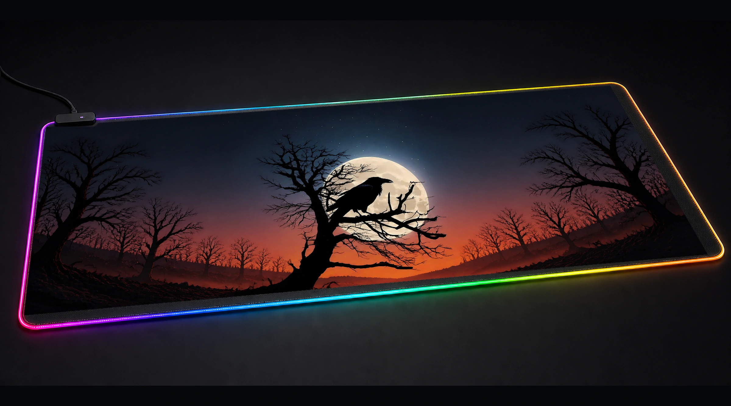 Crow — Crimson Forest Light bird art panoramic RGB gaming desk mat product view