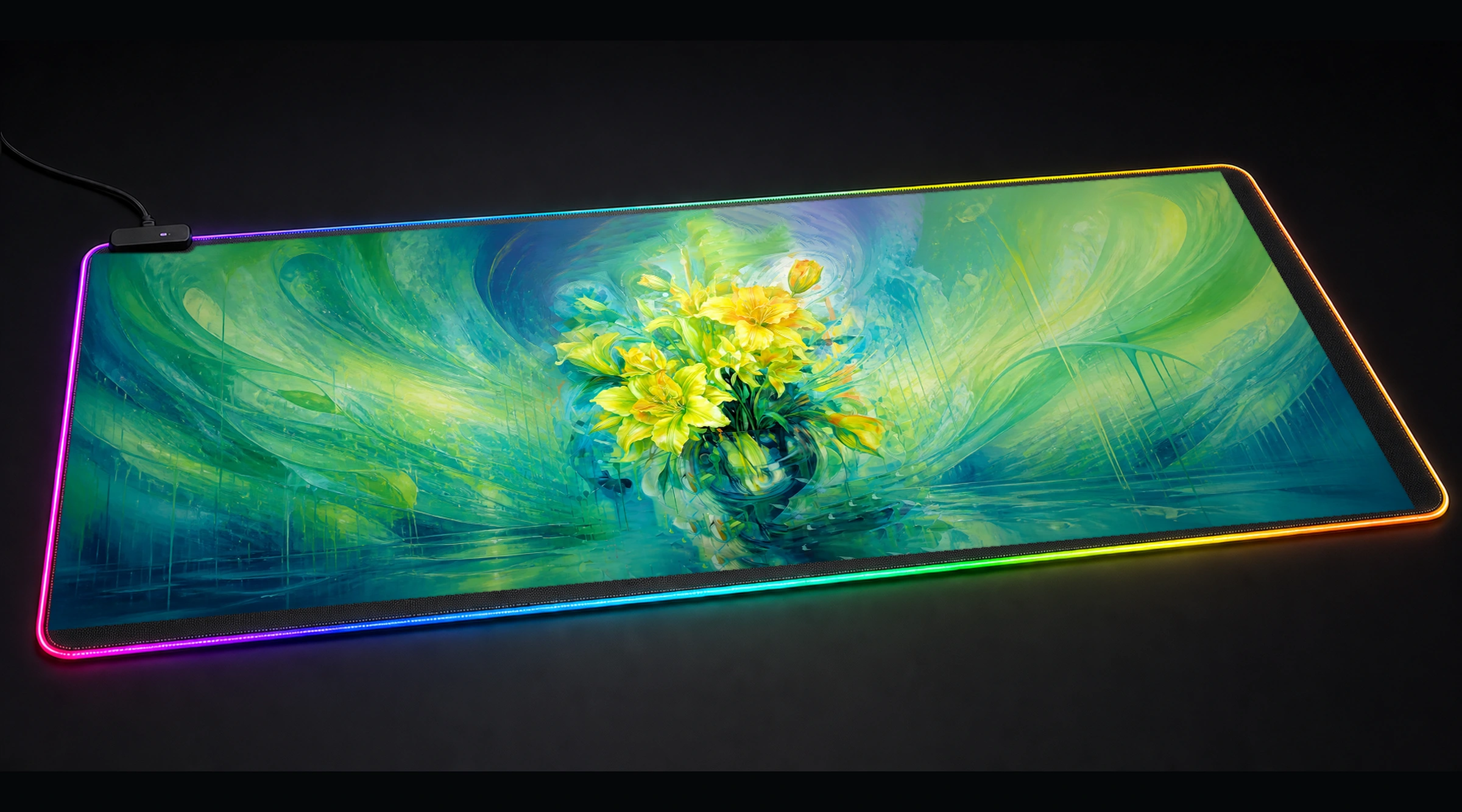 Flower Art — Emerald Bloom floral botanical art panoramic RGB gaming desk mat product view