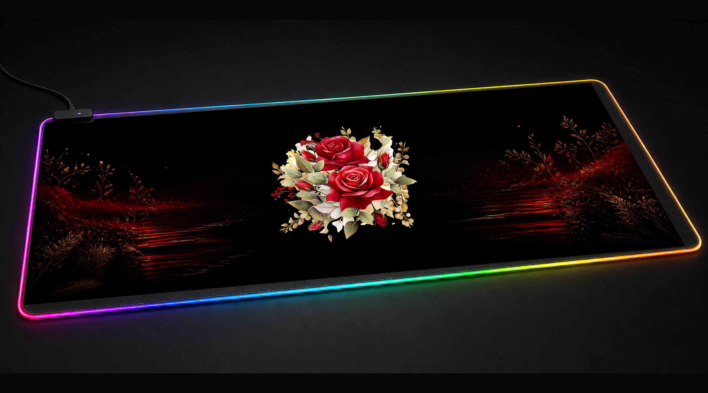 Flower Art — Crimson Quiet Water floral botanical art panoramic RGB gaming desk mat product view