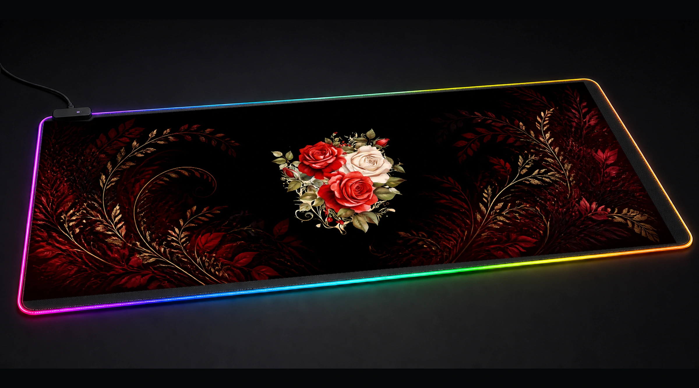 Flower Art — Crimson Wild Haven floral botanical art panoramic RGB gaming desk mat product view