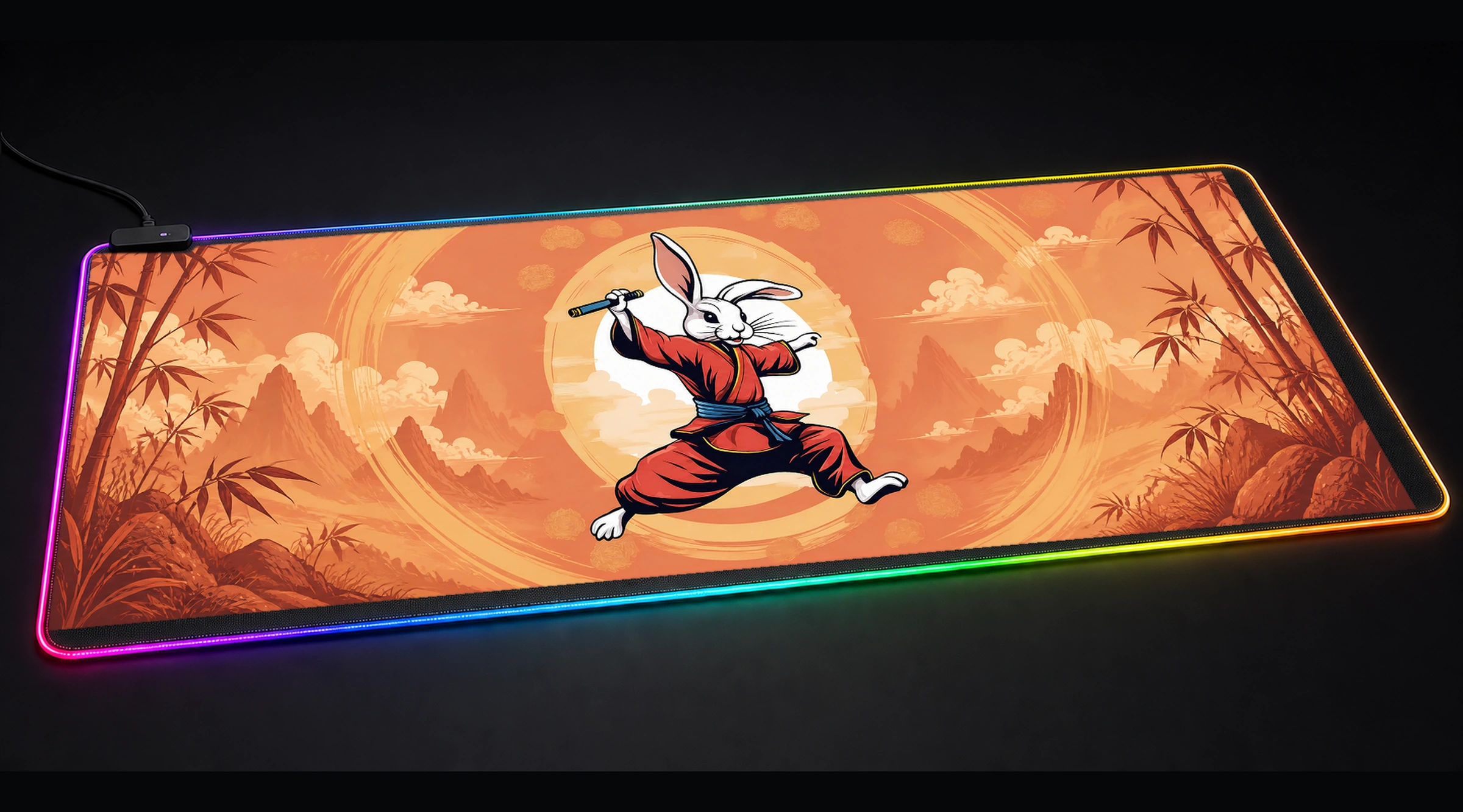 Rabbit — Golden Wild Haven nature animal art panoramic RGB gaming desk mat product view