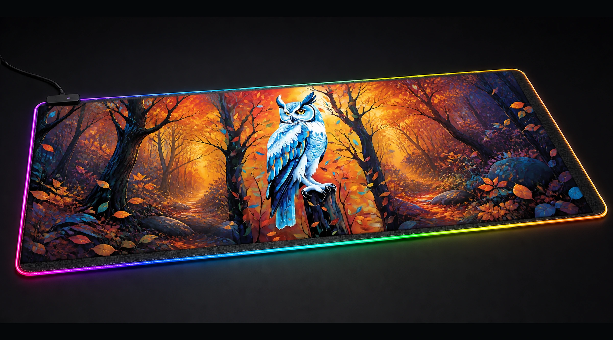 Owl — Golden Forest Light Edition 2 bird art panoramic RGB gaming desk mat product view