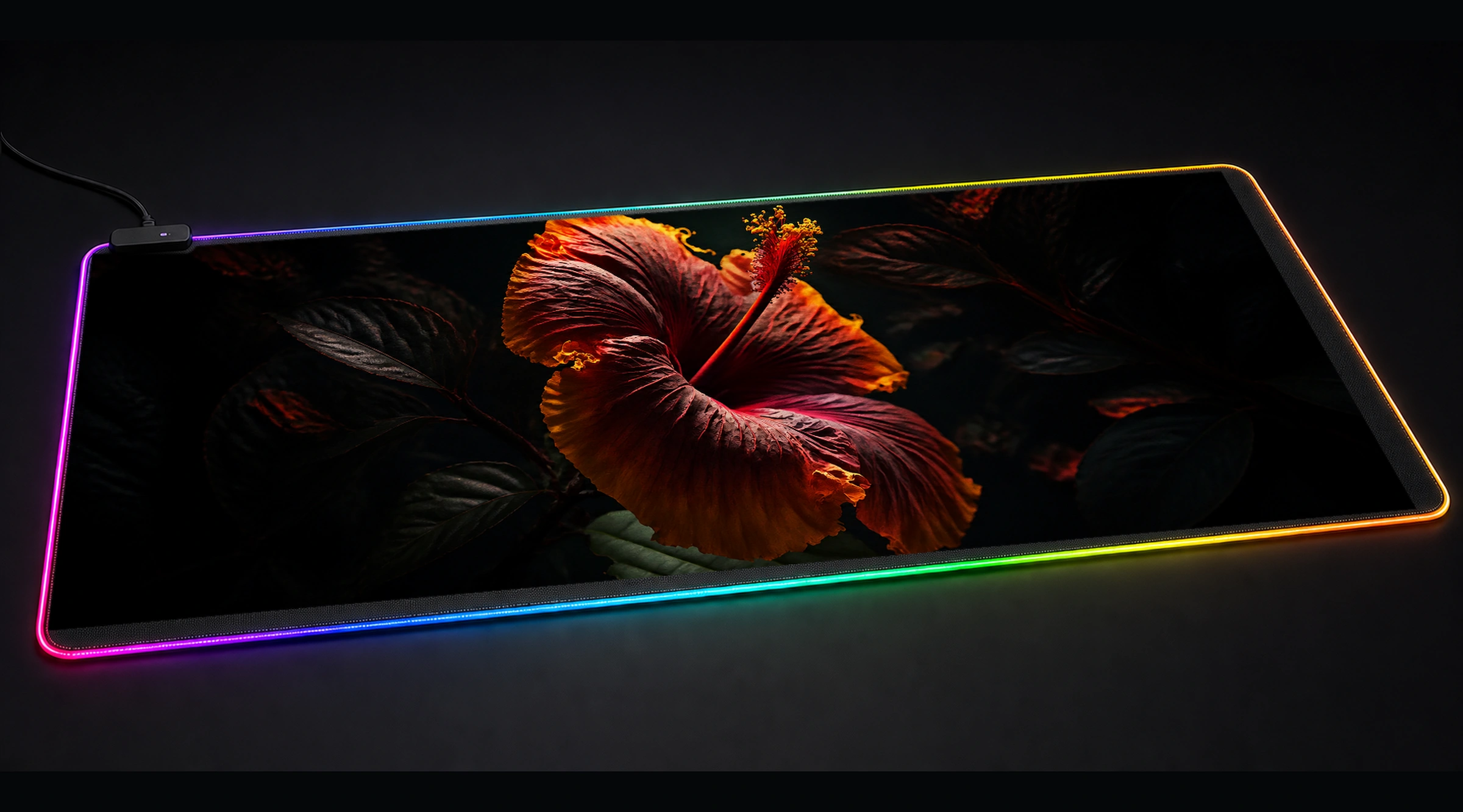 Portrait Hibiscus floral botanical art panoramic RGB gaming desk mat product view