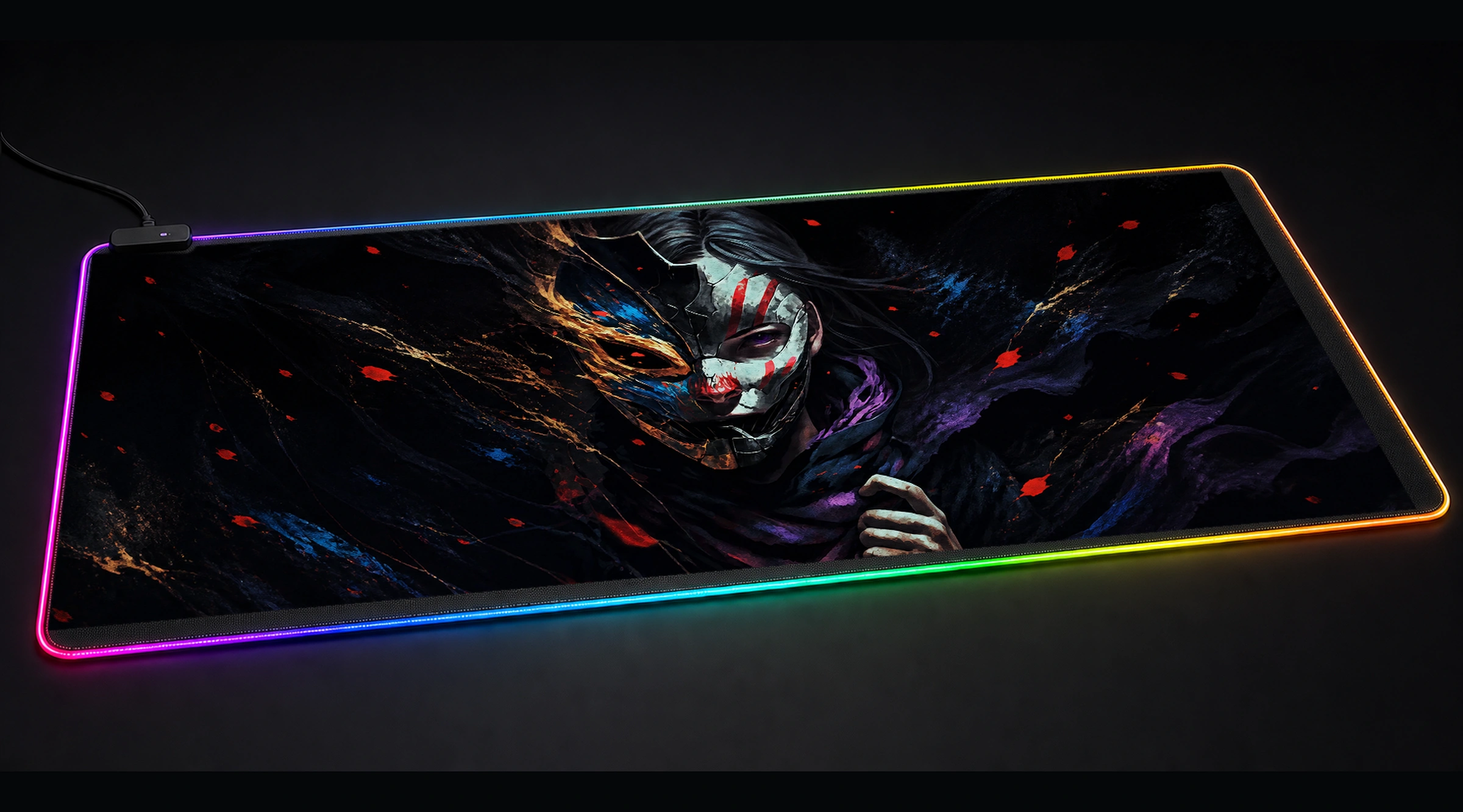 Mysterious Masked fantasy art panoramic RGB gaming desk mat product view