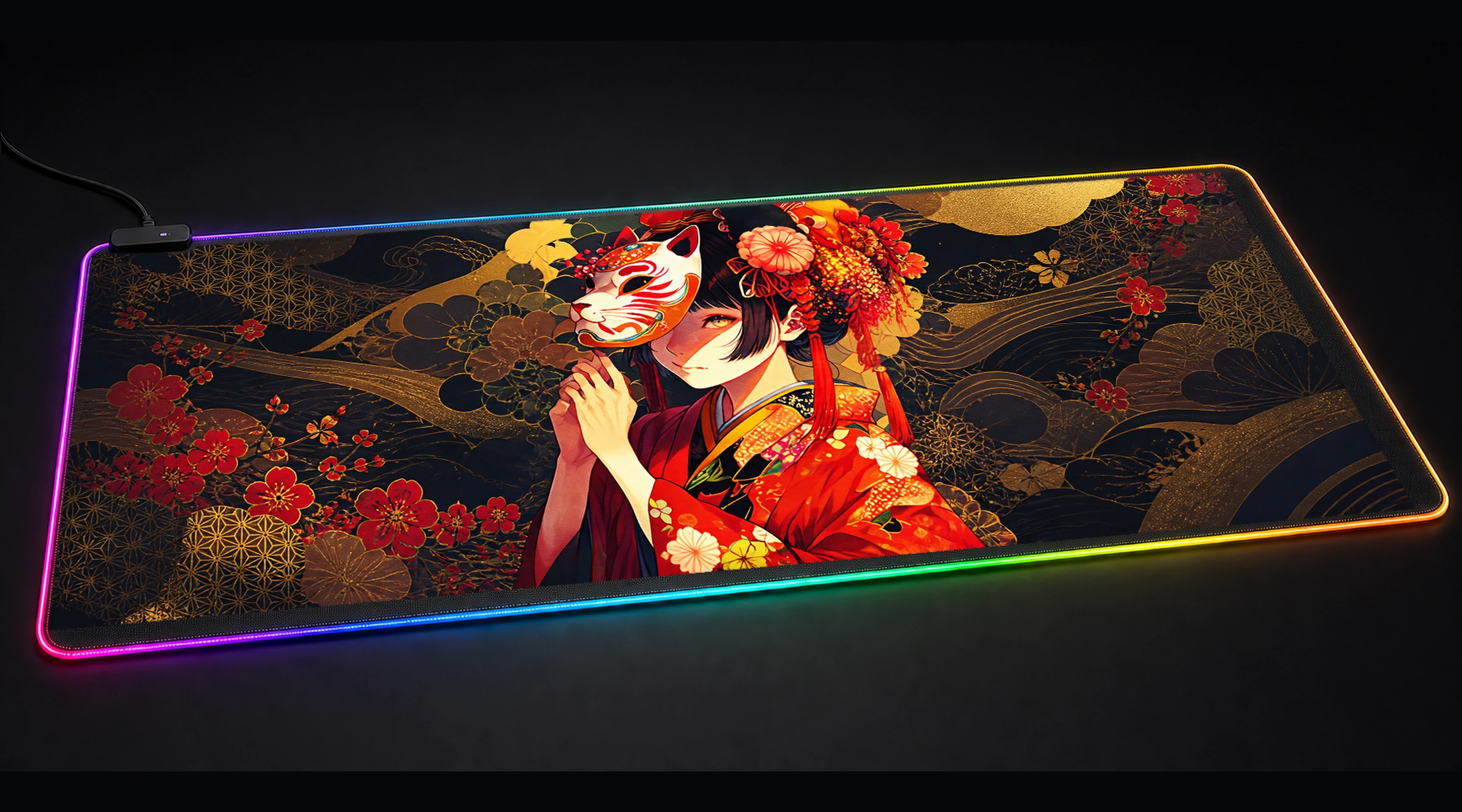 Cute Girl Wearing a Mask japanese anime art panoramic RGB gaming desk mat product view